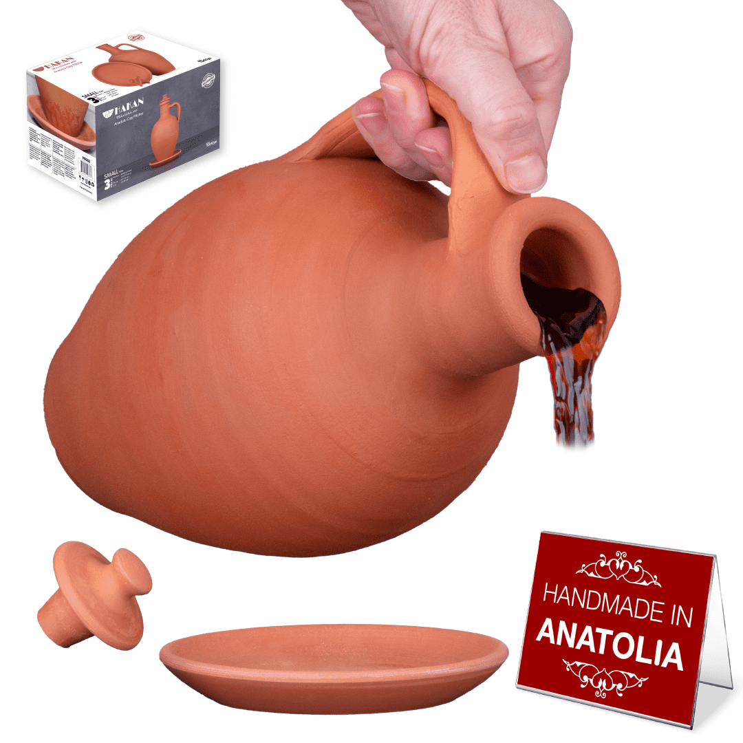 Handmade Natural Terracotta Water Pitcher with Lid and Plate, 3.3 Qts