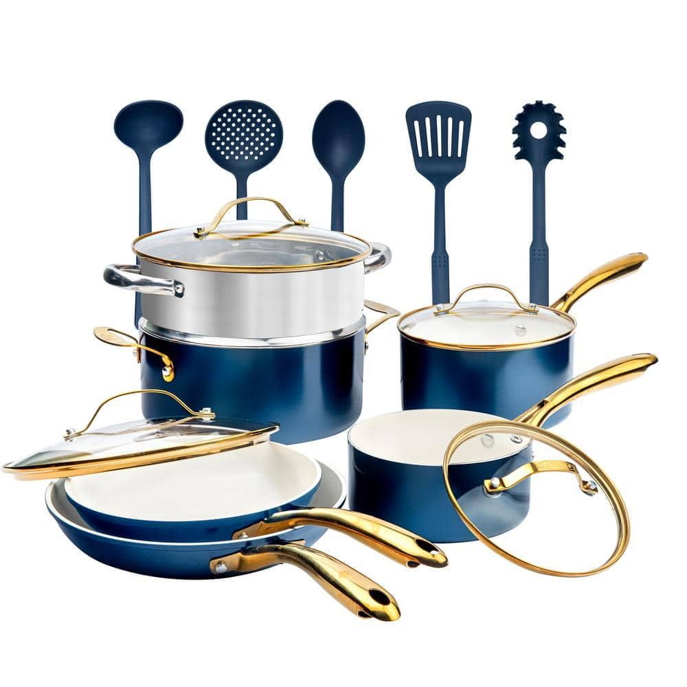 Navy and Gold 15-Piece Nonstick Stainless Steel Cookware Set