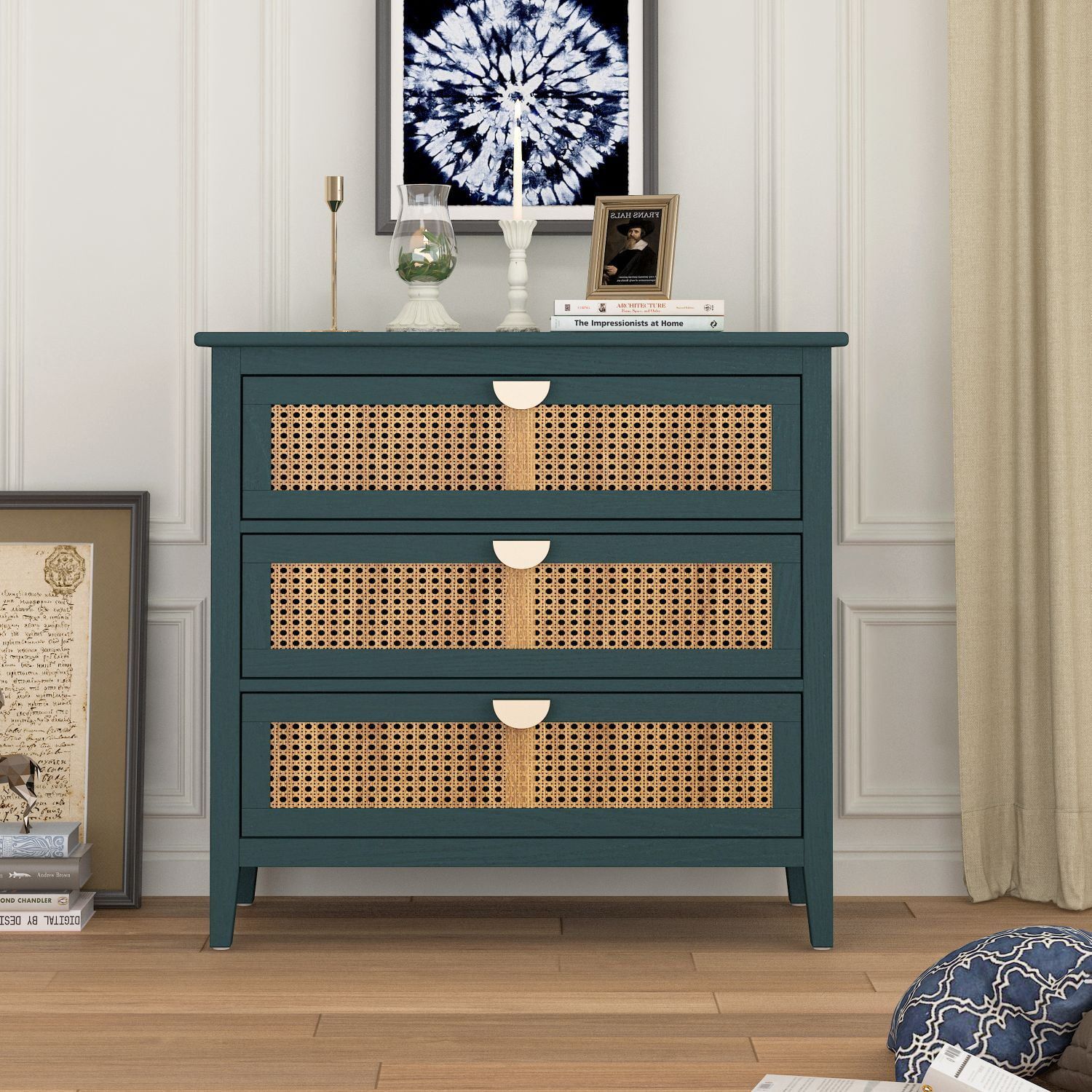 Green 3-Drawer Dresser with Natural Rattan Accents