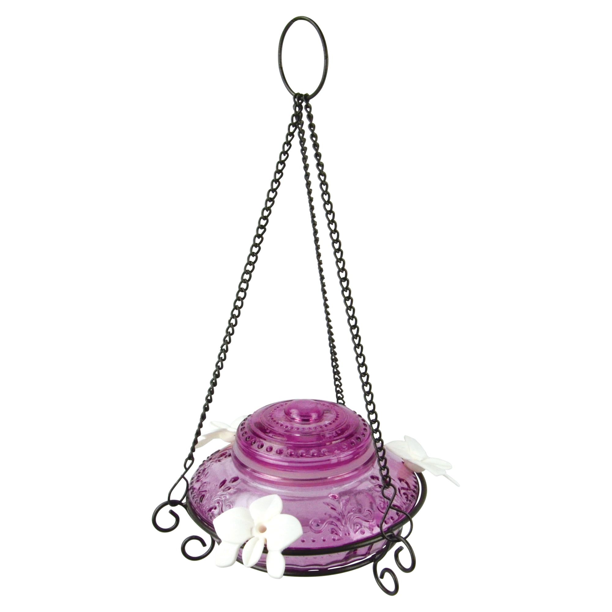 Antique Plum Glass Hanging Hummingbird Feeder with Flower Ports