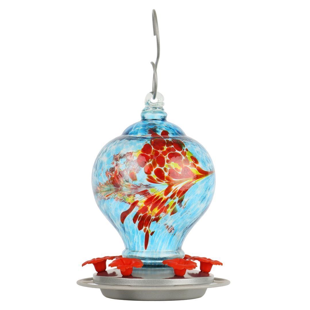 Sunny Day Hand Blown Glass Hummingbird Feeder with Metal Base