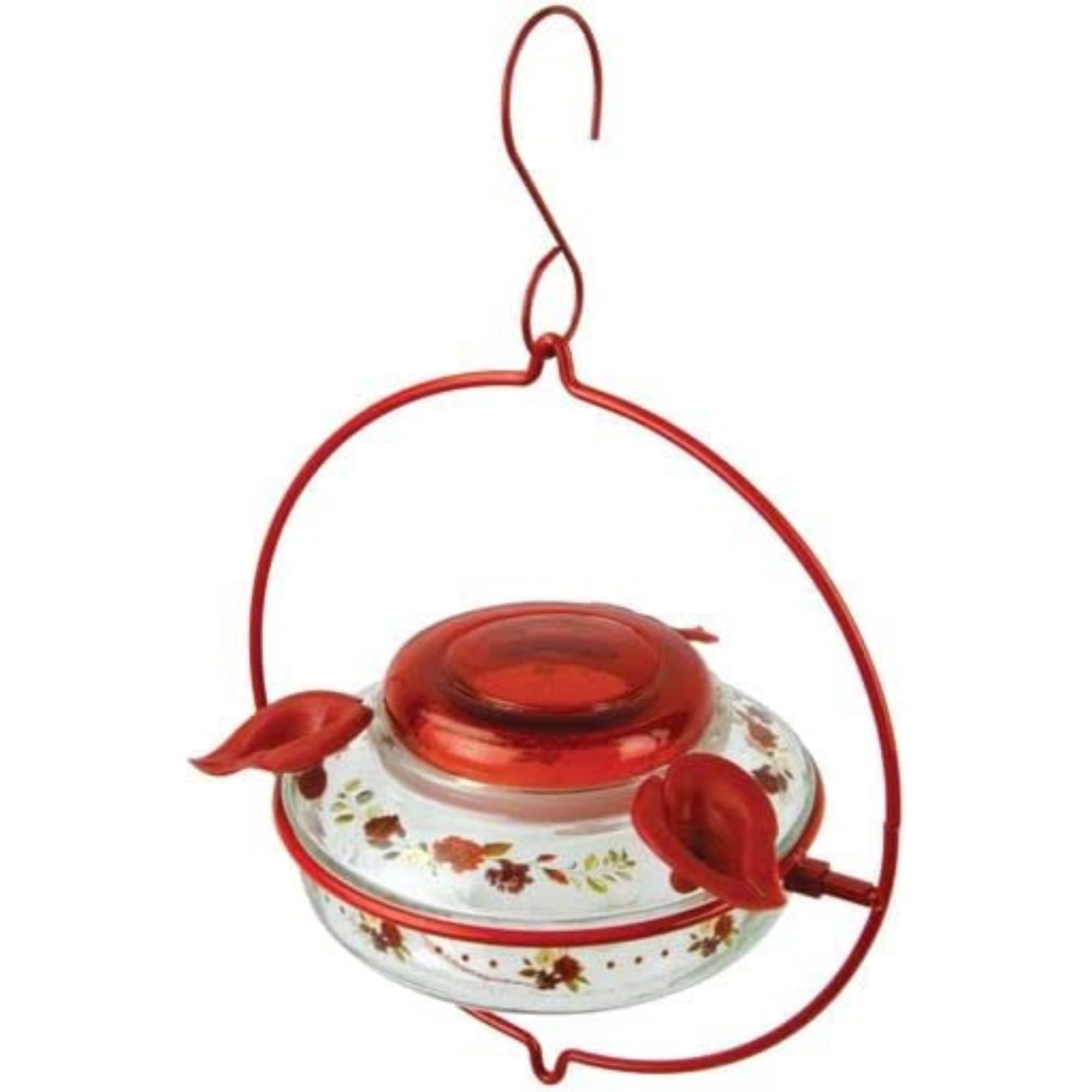 Crimson Floral Glass and Metal Hanging Hummingbird Feeder