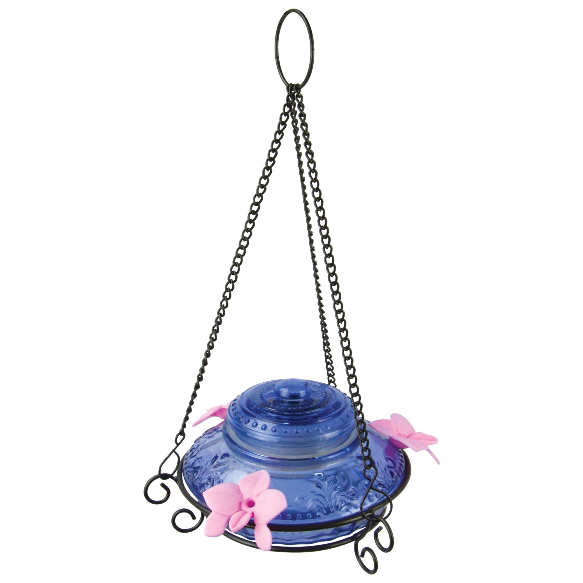 Antique Blue Glass Hanging Hummingbird Feeder with Metal Chains