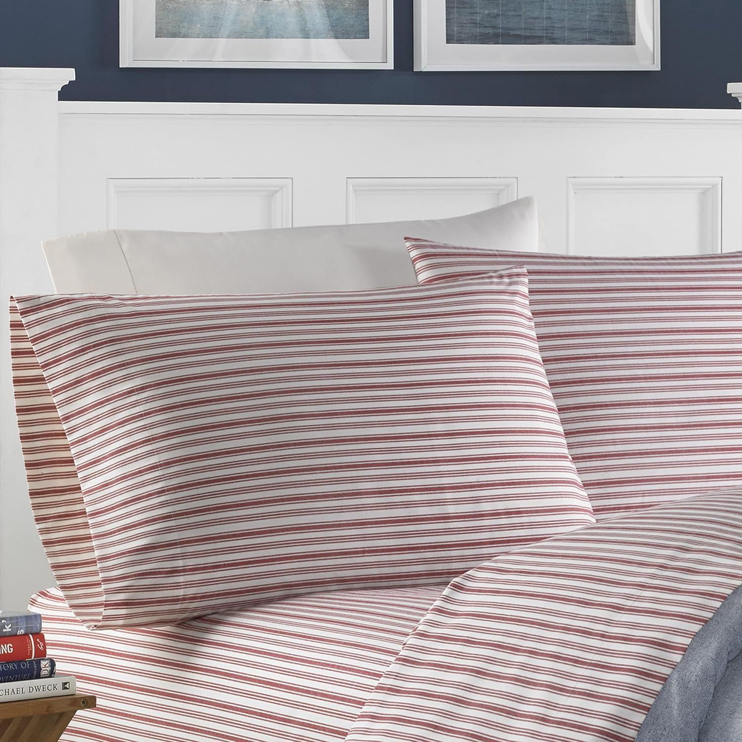 Full White and Red Striped Cotton Percale Sheet Set