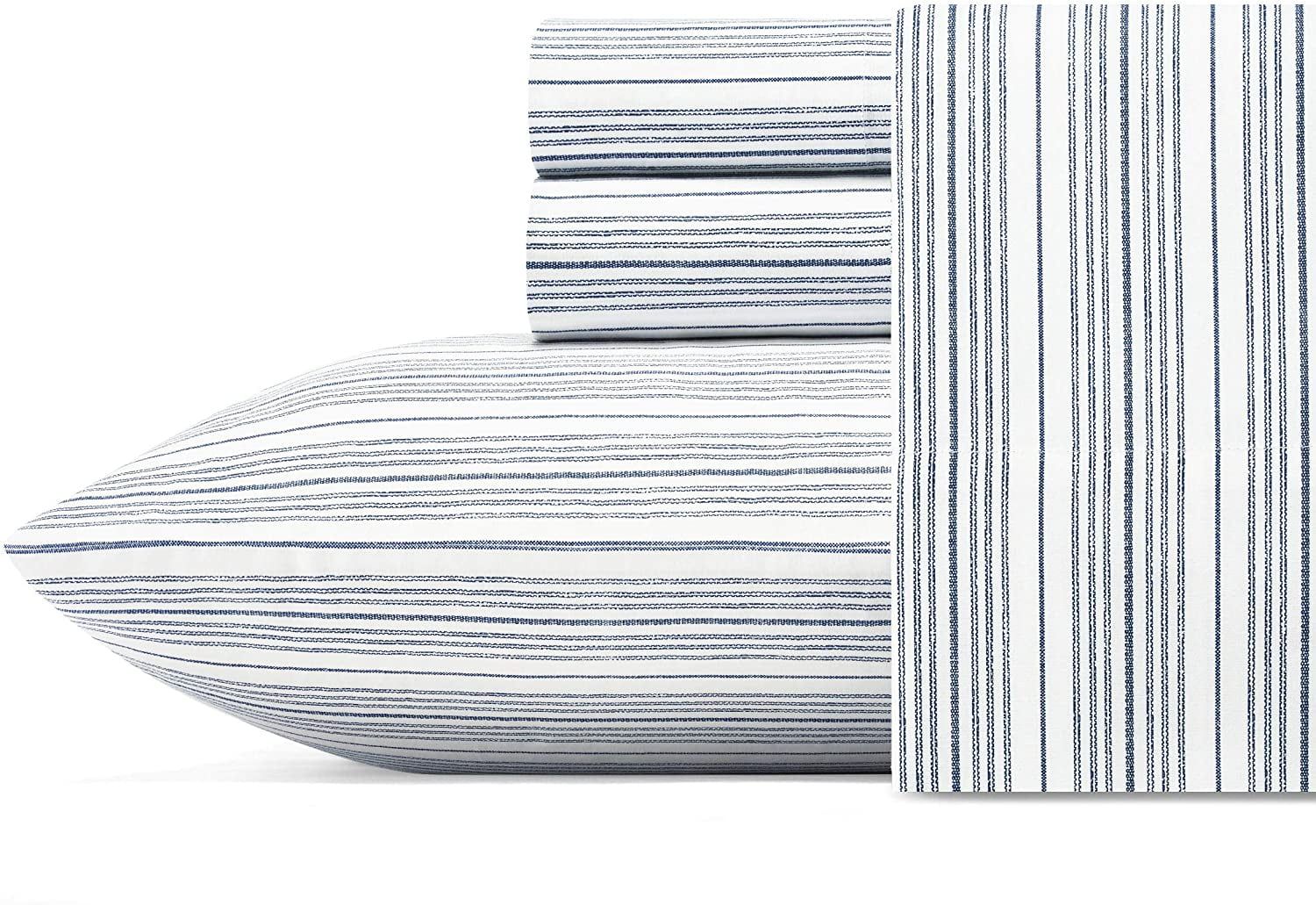 Twin Blue and White Cotton Percale Striped Bedding Set