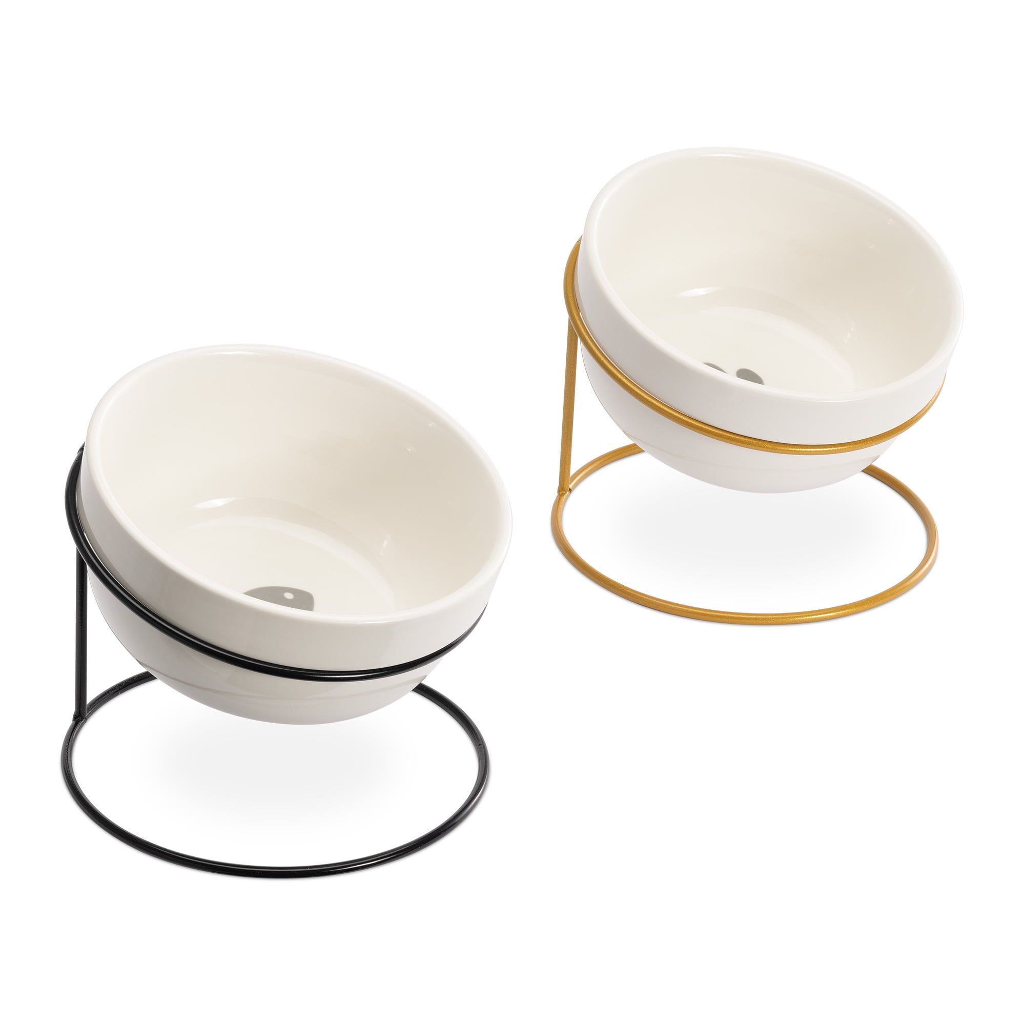 Elevated Ceramic Pet Bowls with Black and Gold Metal Stands