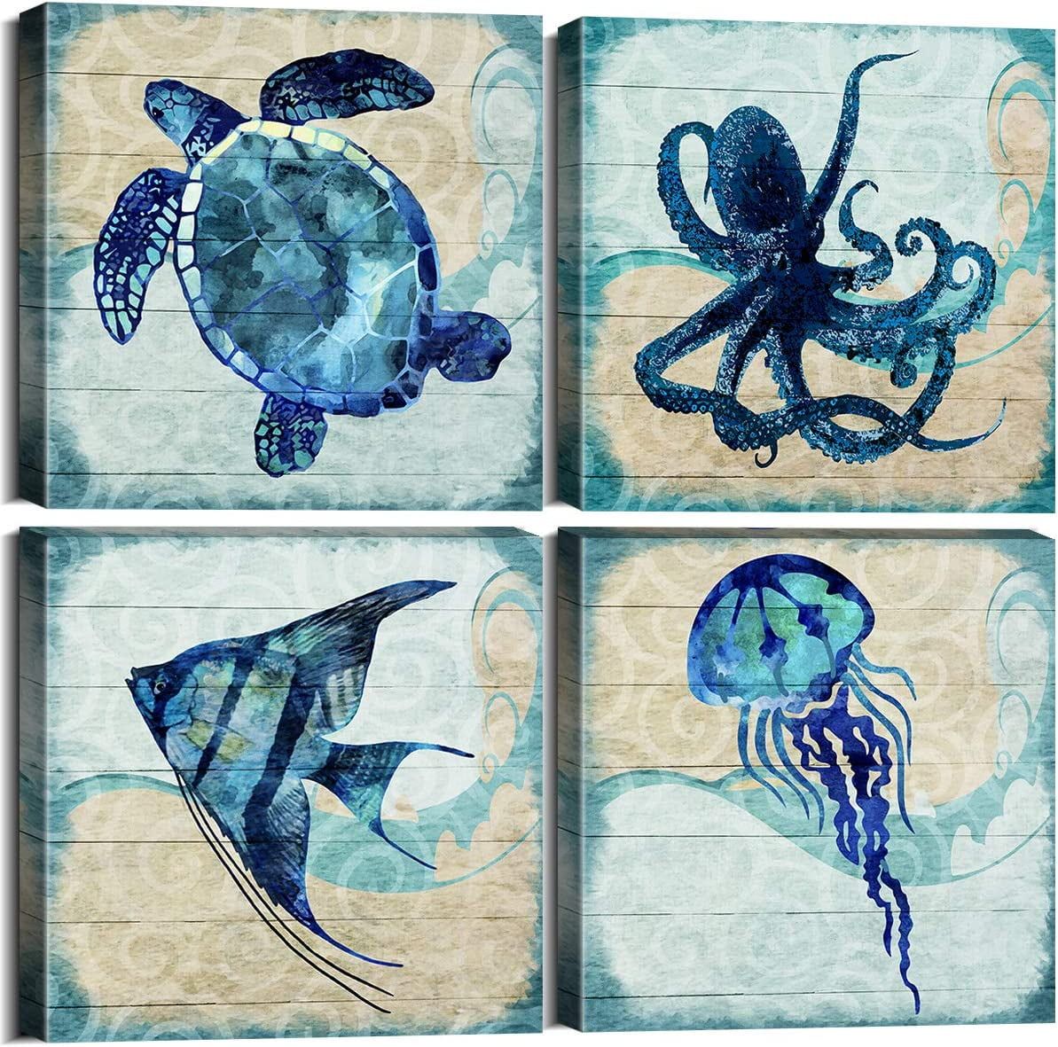 Blue Ocean Animal Canvas Painting Set with Wooden Frame, 12x12 inches, 4 Pieces