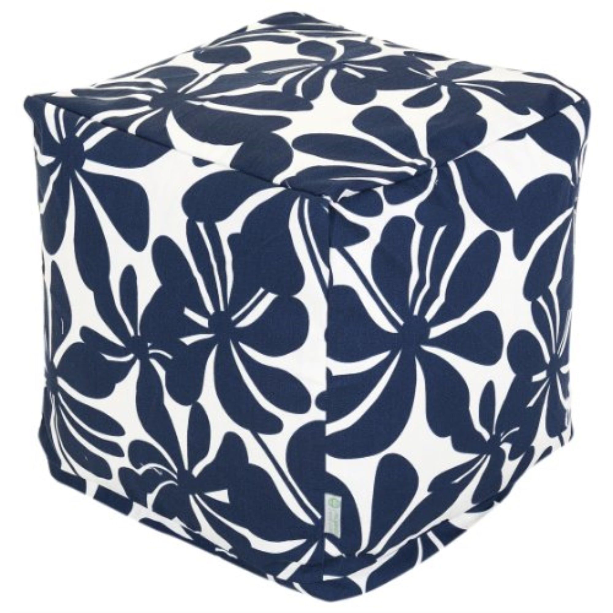 Navy Blue Floral Woven Cube Pouf