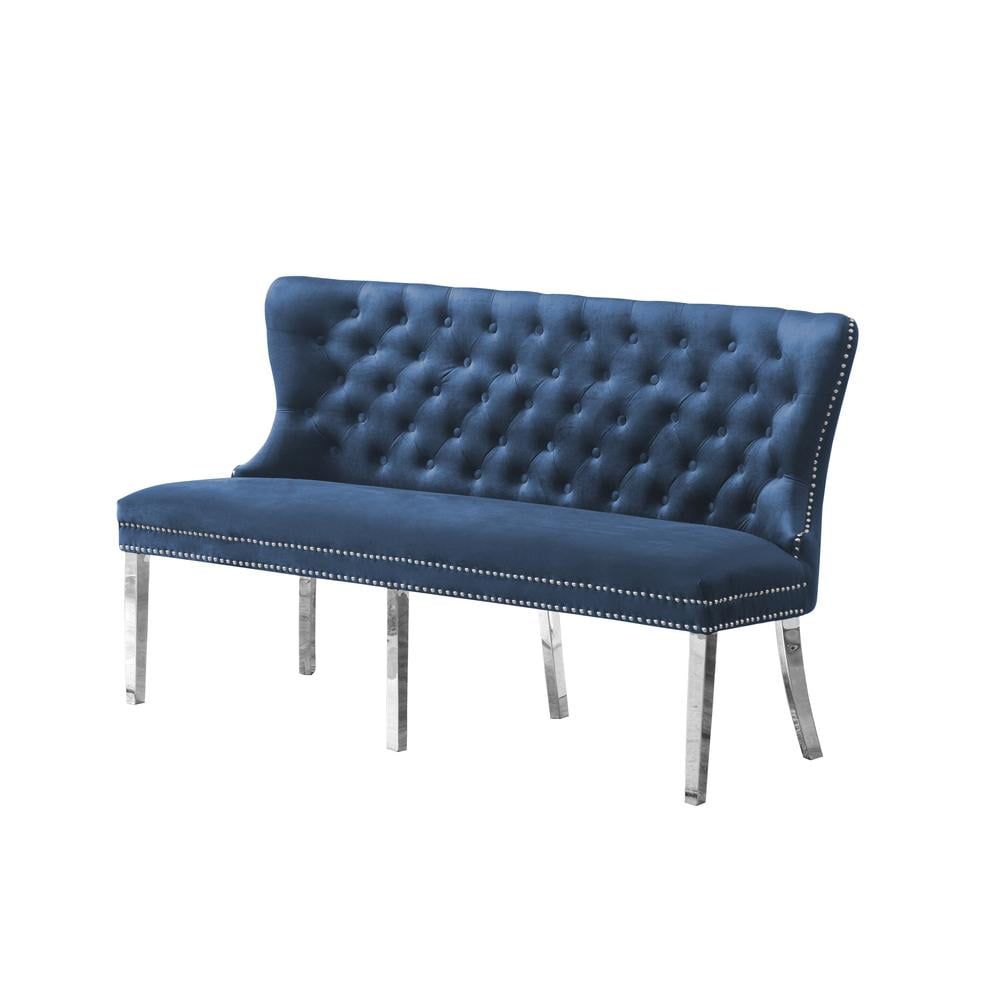 Navy Blue Velvet Tufted Bench with Silver Stainless Steel Legs, 65"