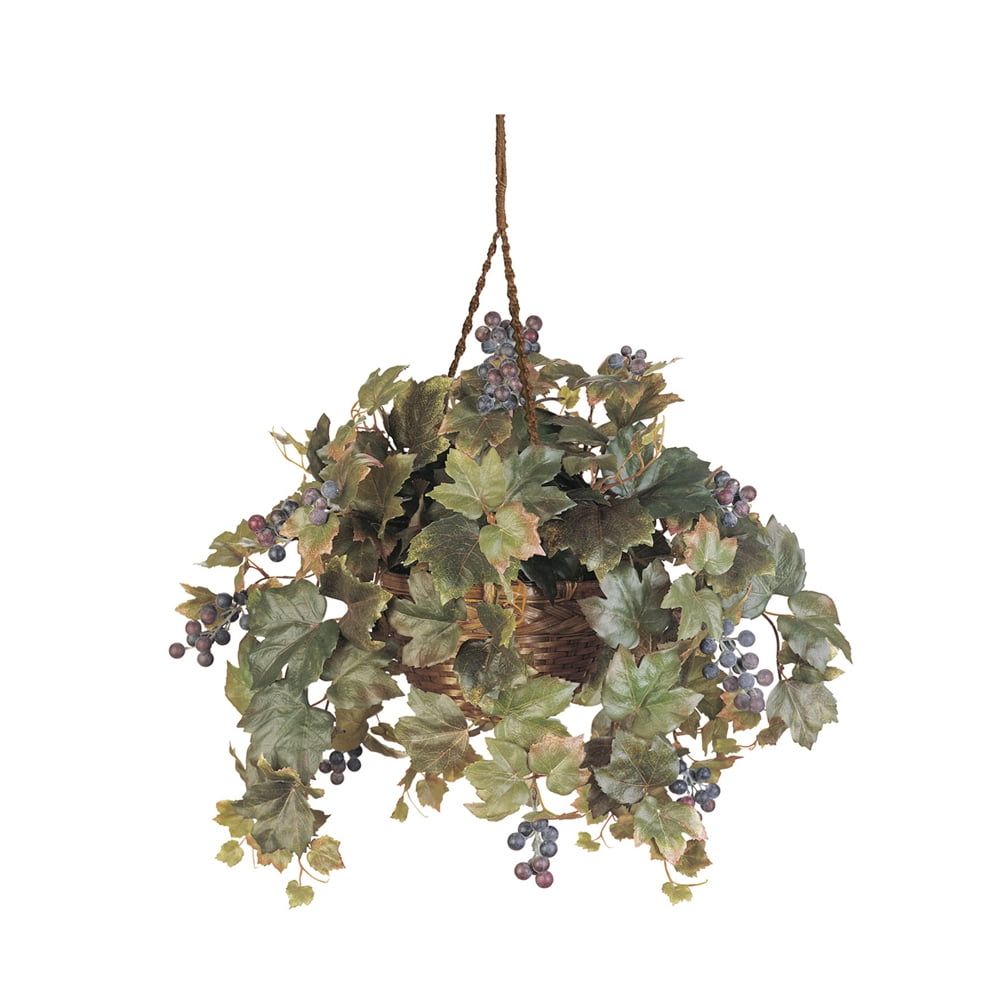 Green Silk Grape Leaf Hanging Basket with Wicker Planter