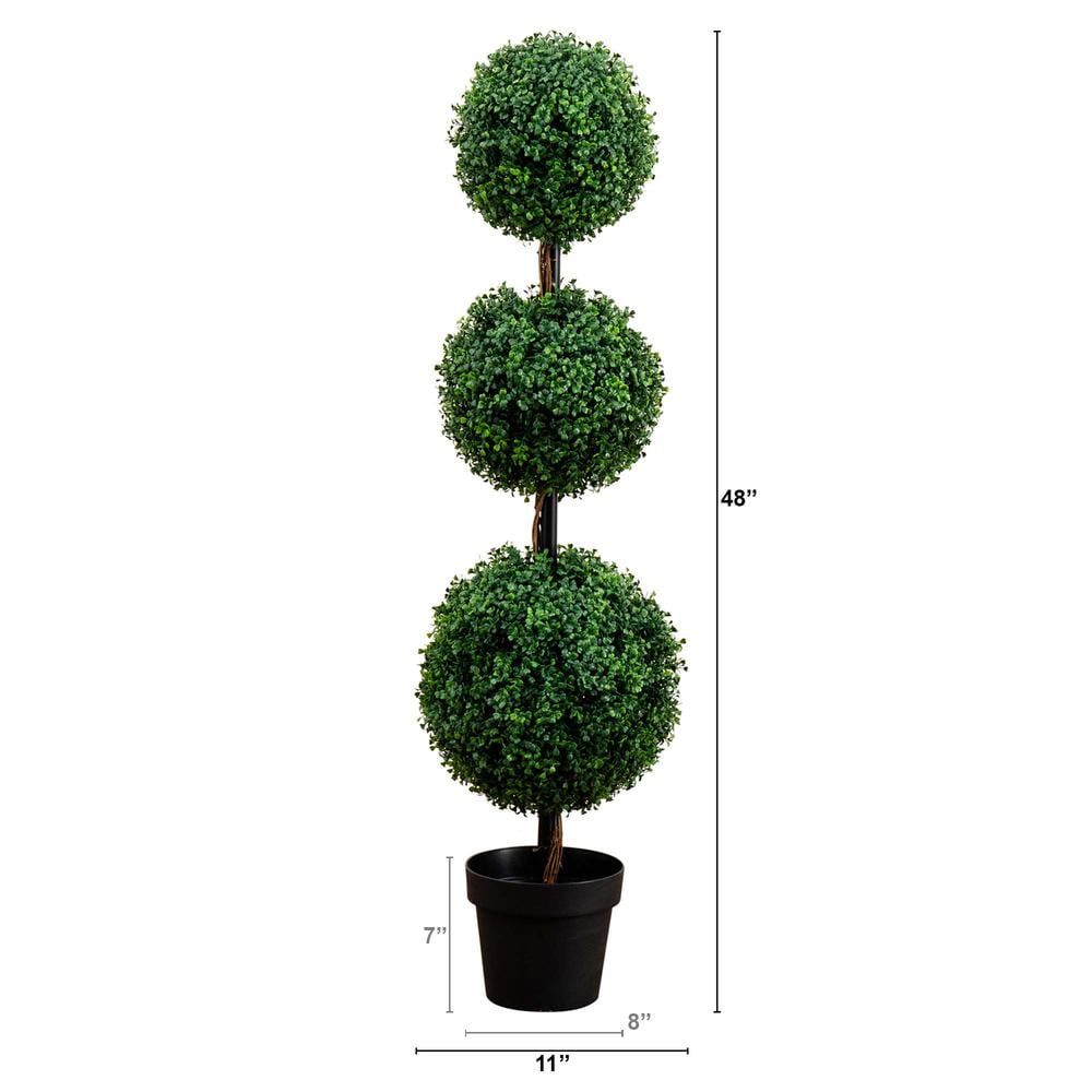 48" Green Plastic Triple Ball Boxwood Topiary in Black Pot