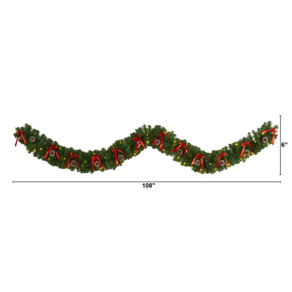 9ft Green Pine Cone and Bow Christmas Garland with LED Lights