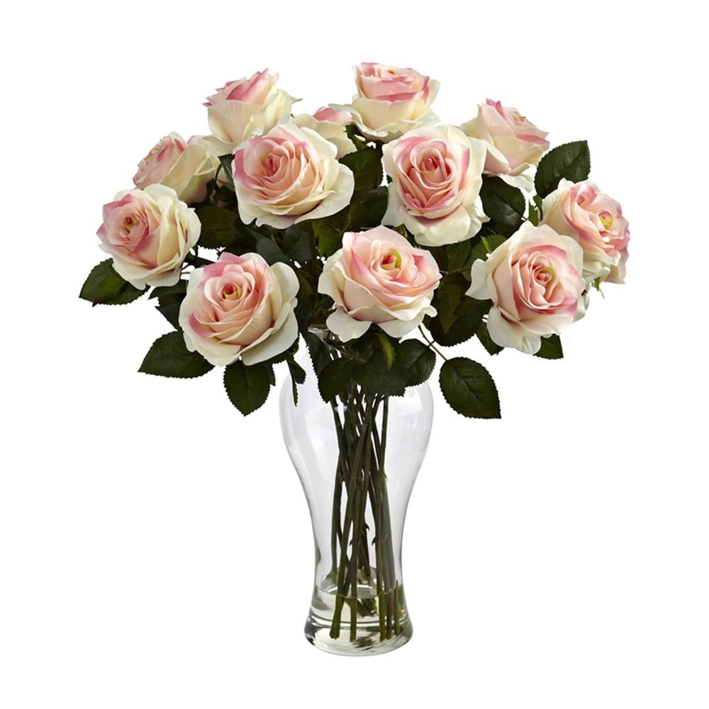 Light Pink Blooming Roses in Glass Vase with Faux Water