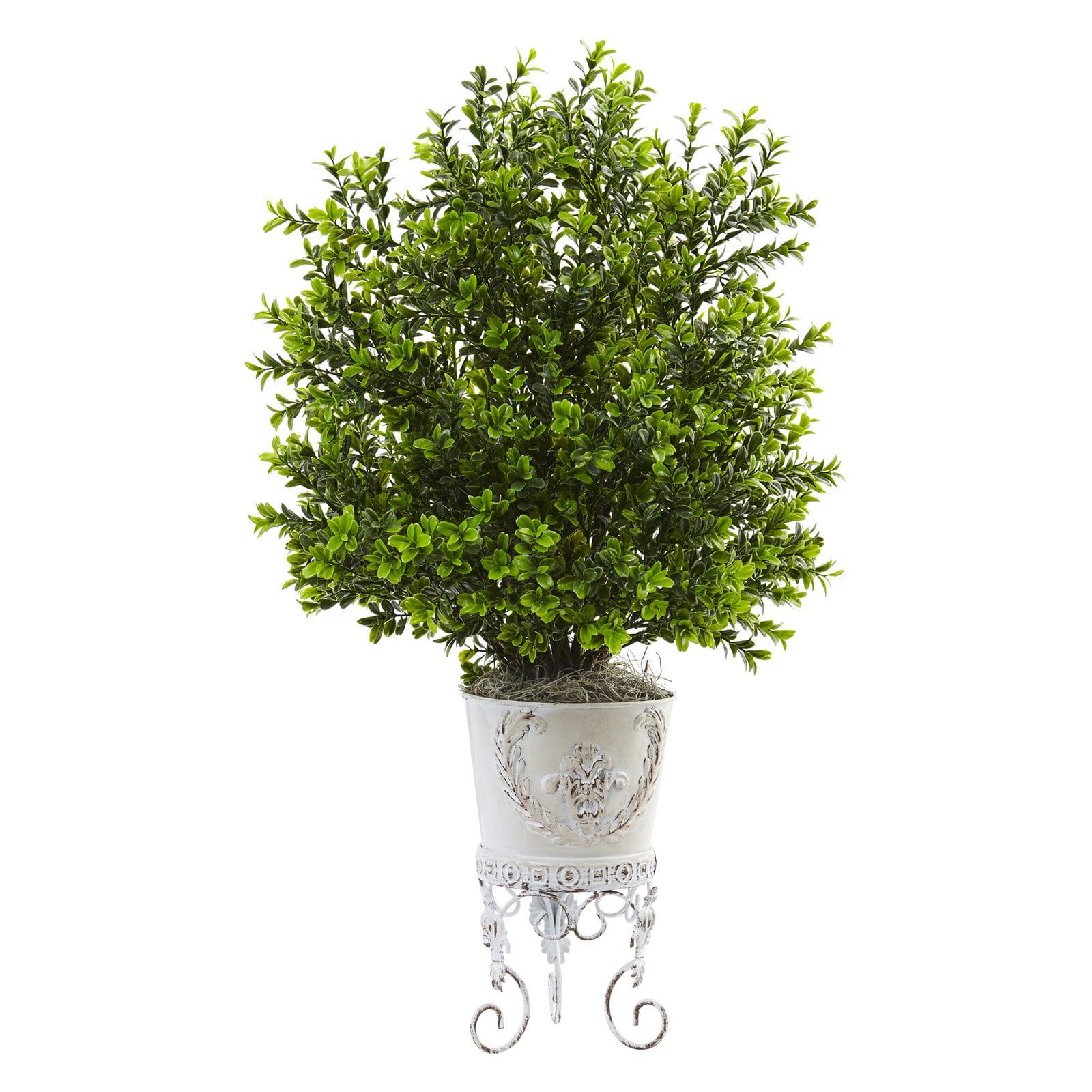 Green Plastic Boxwood Topiary with White Metal Planter