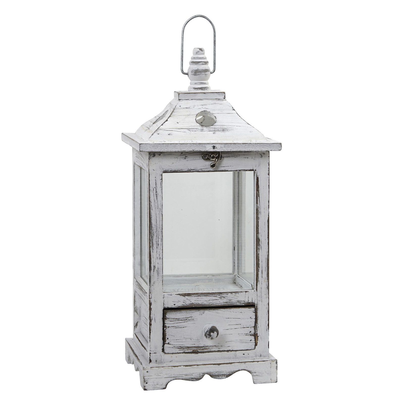 Distressed White Wood Tabletop Candle Lantern with Drawer