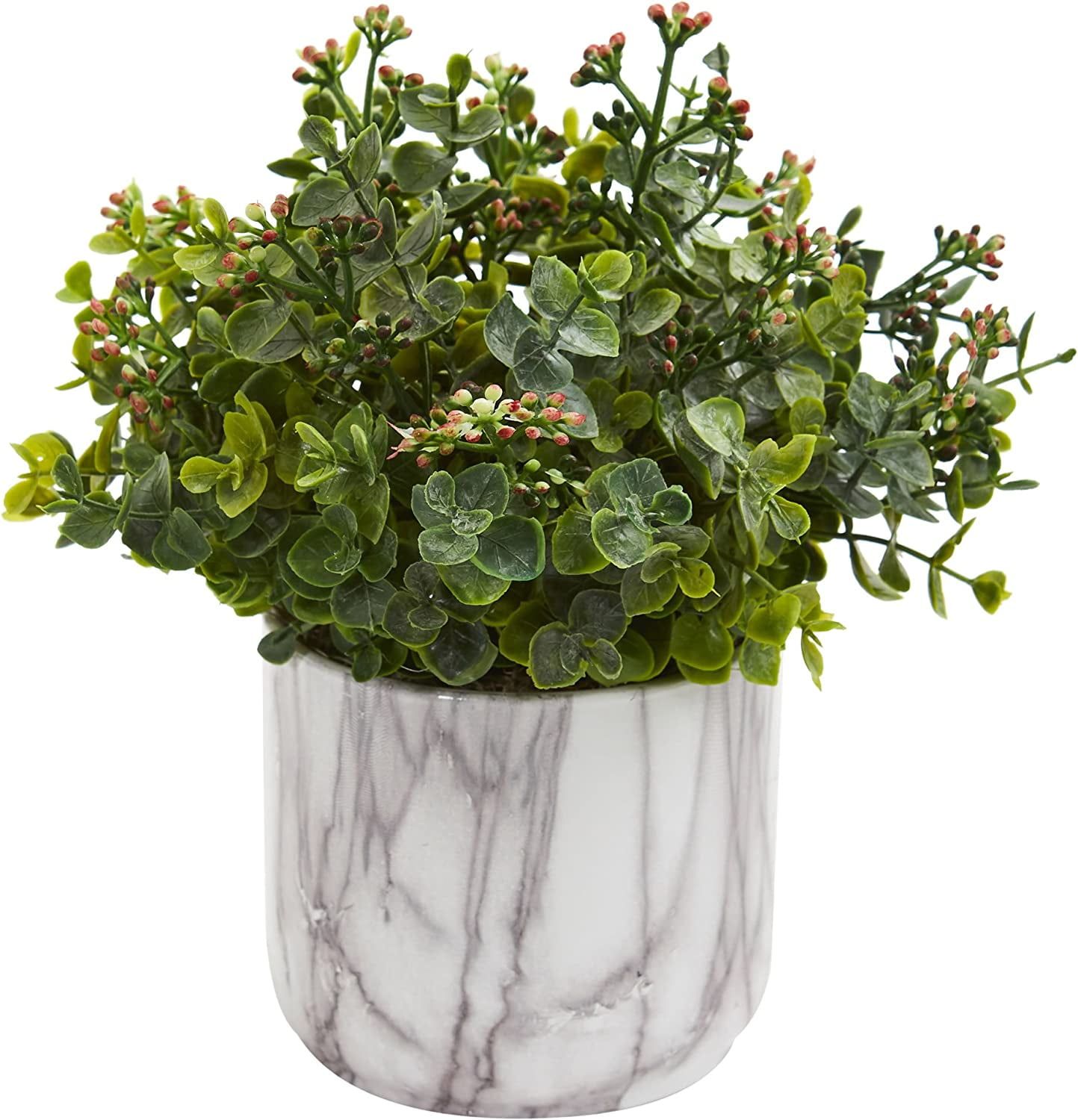 Green Faux Eucalyptus Plant in Marble Vase