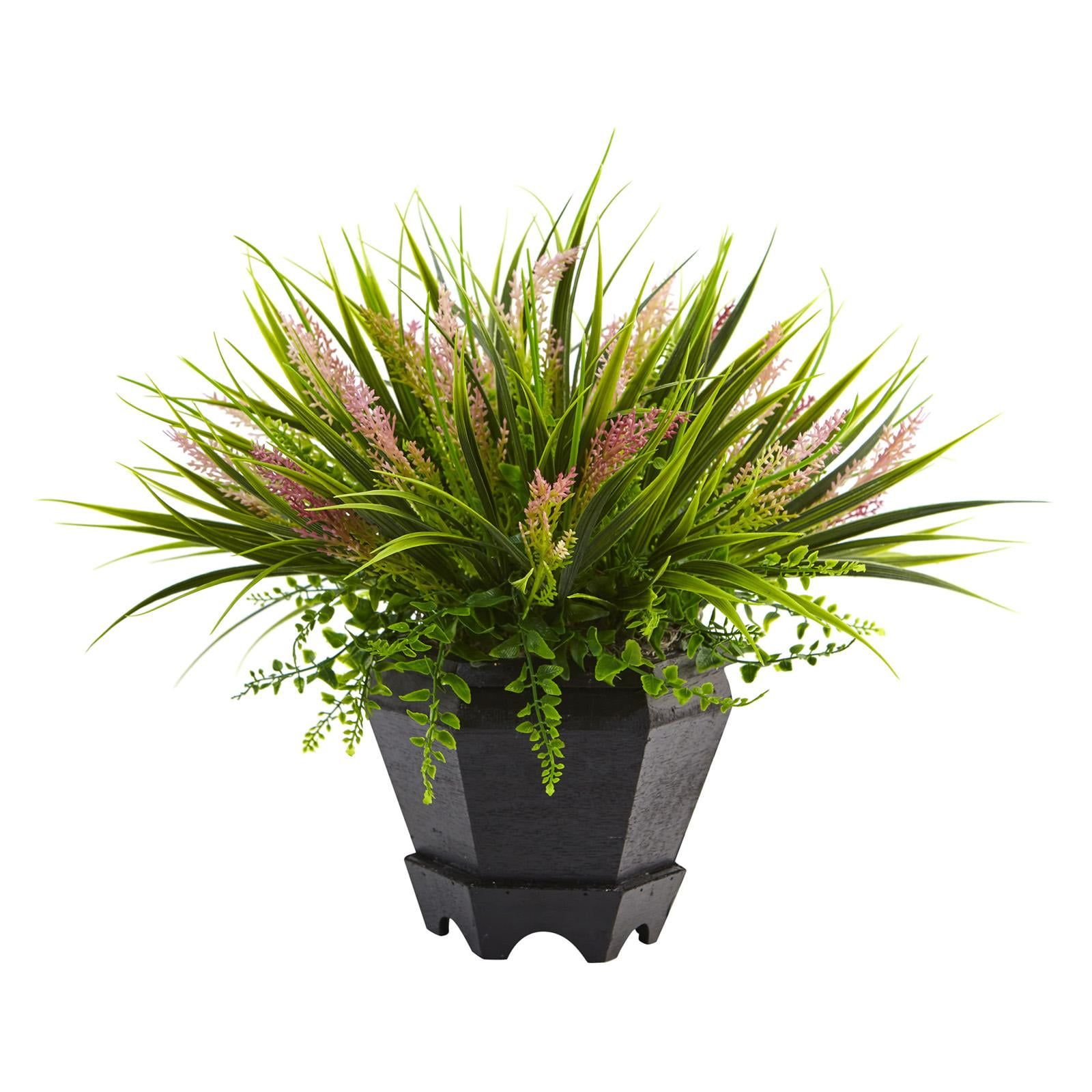 Multi-tone Green and Pink Silk Grass Floor Plant in Black Planter