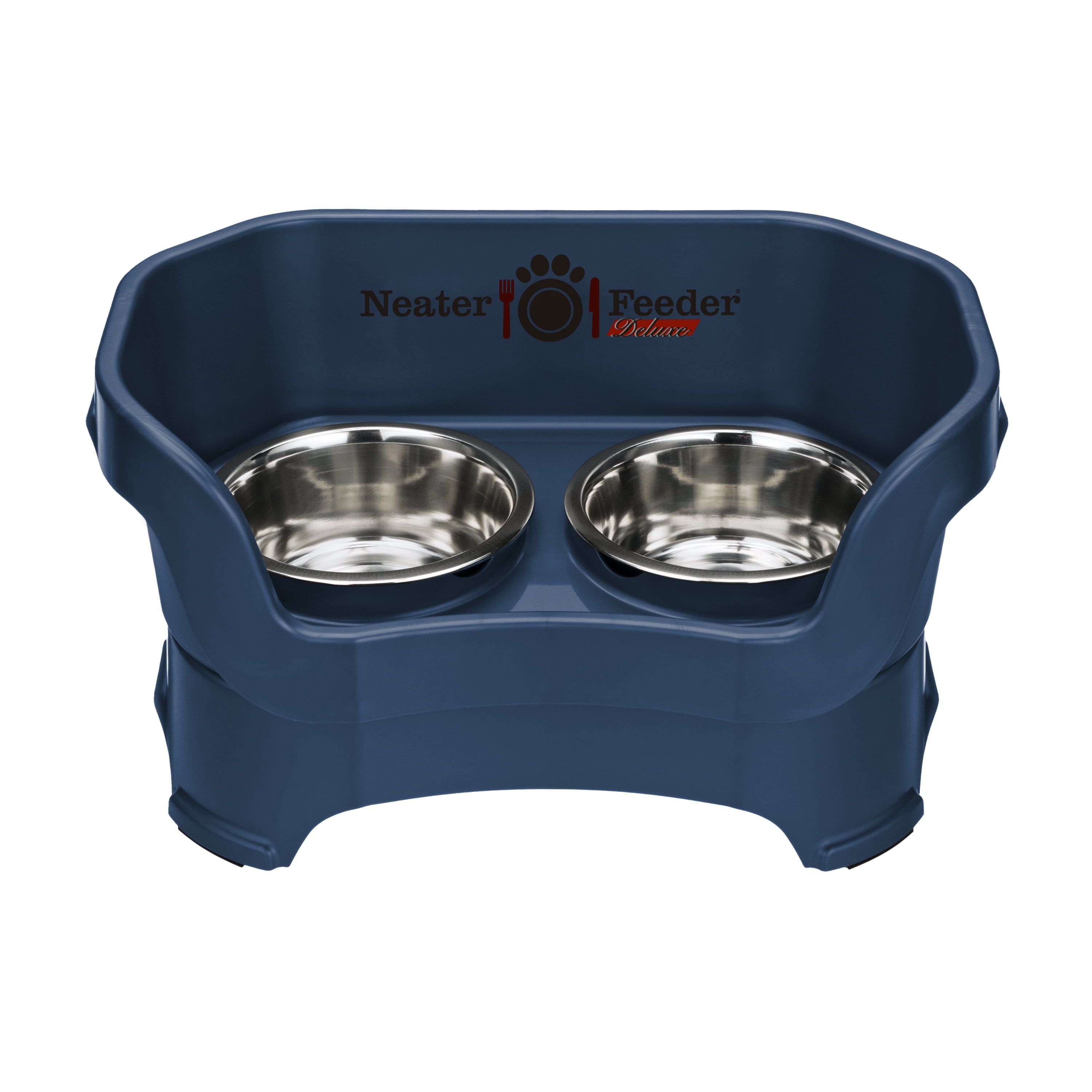 Medium Dark Blue Elevated Stainless Steel Dog Feeder