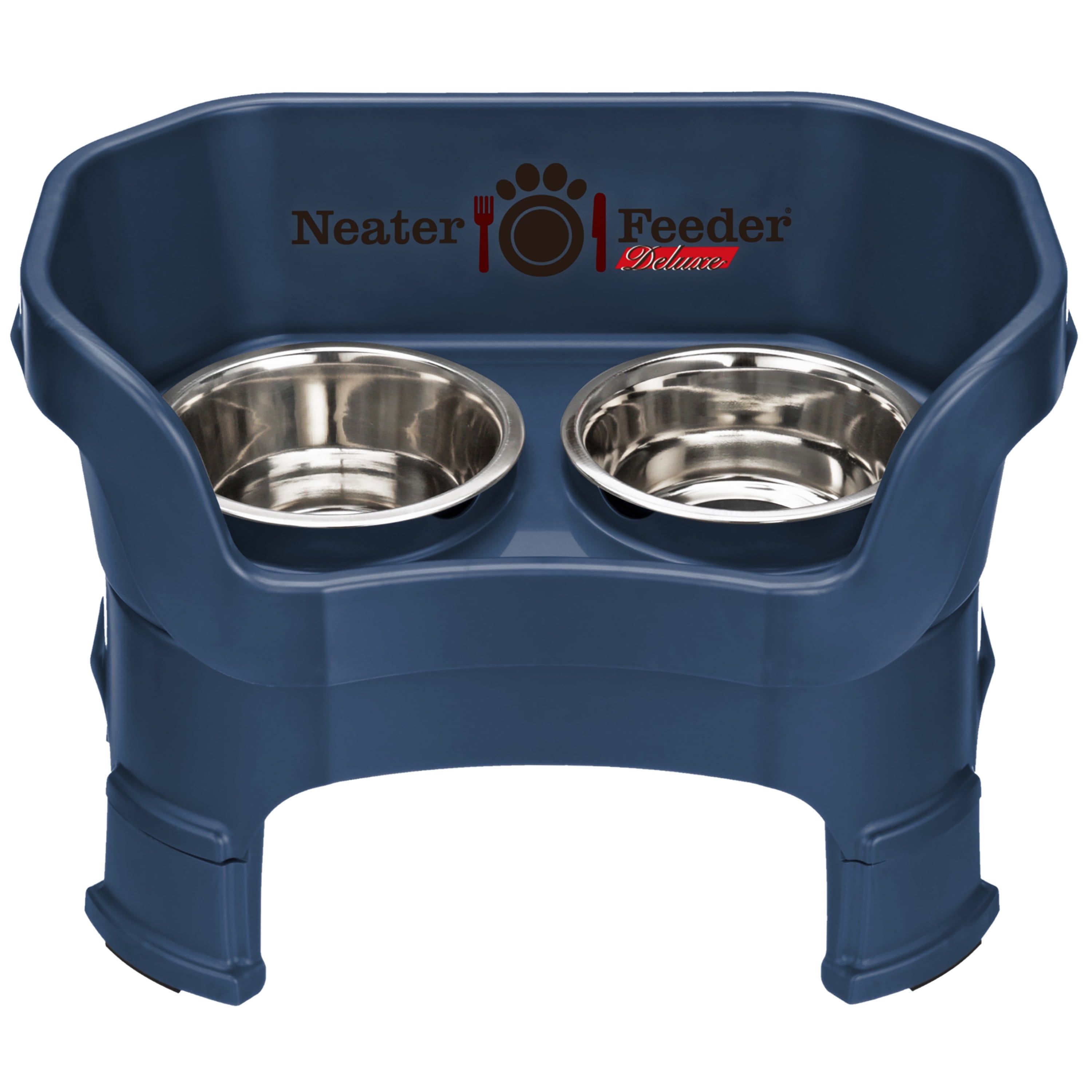 Medium Dark Blue Elevated Stainless Steel Dog Feeder