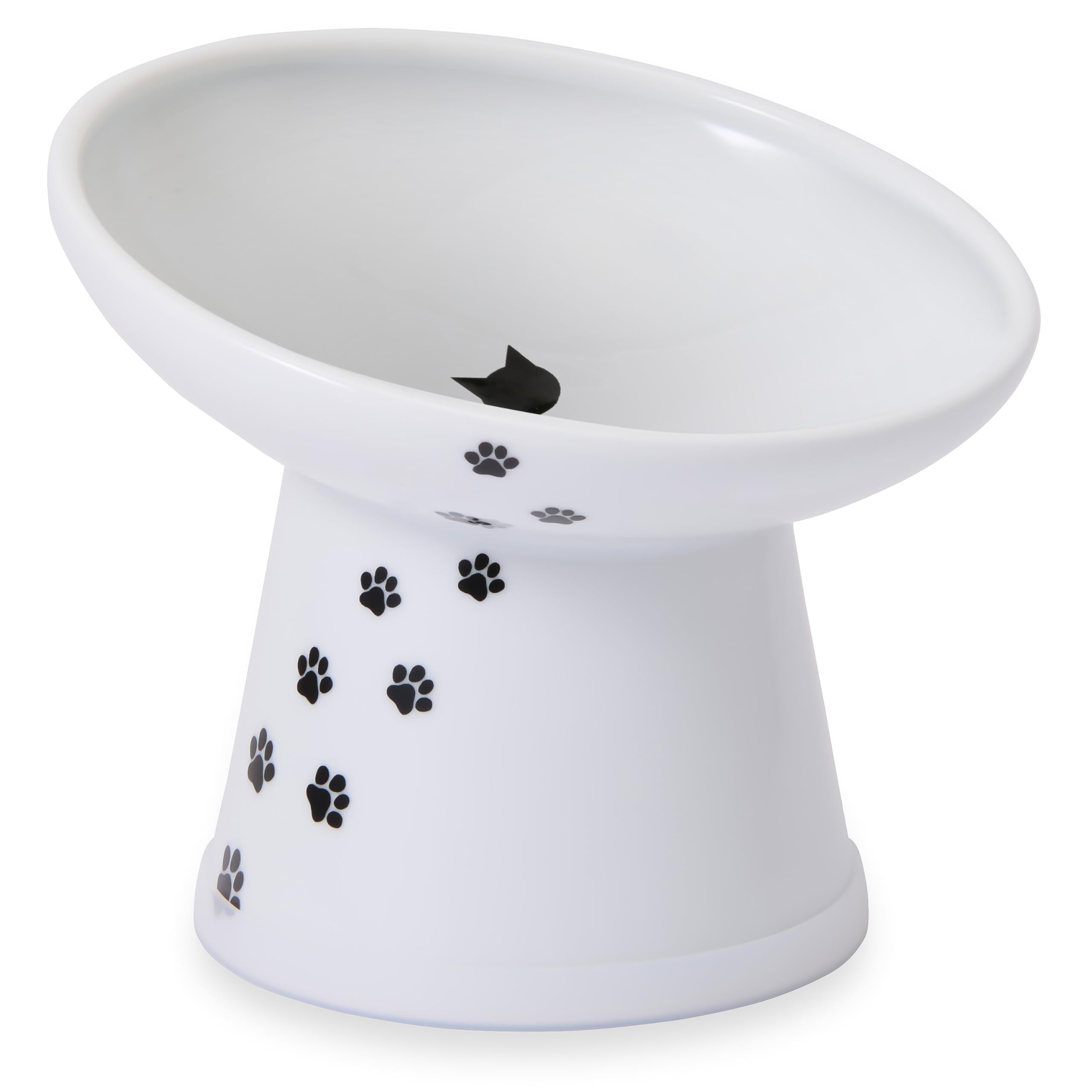 White Elevated Tilted Cat Food Bowl with Paw Prints