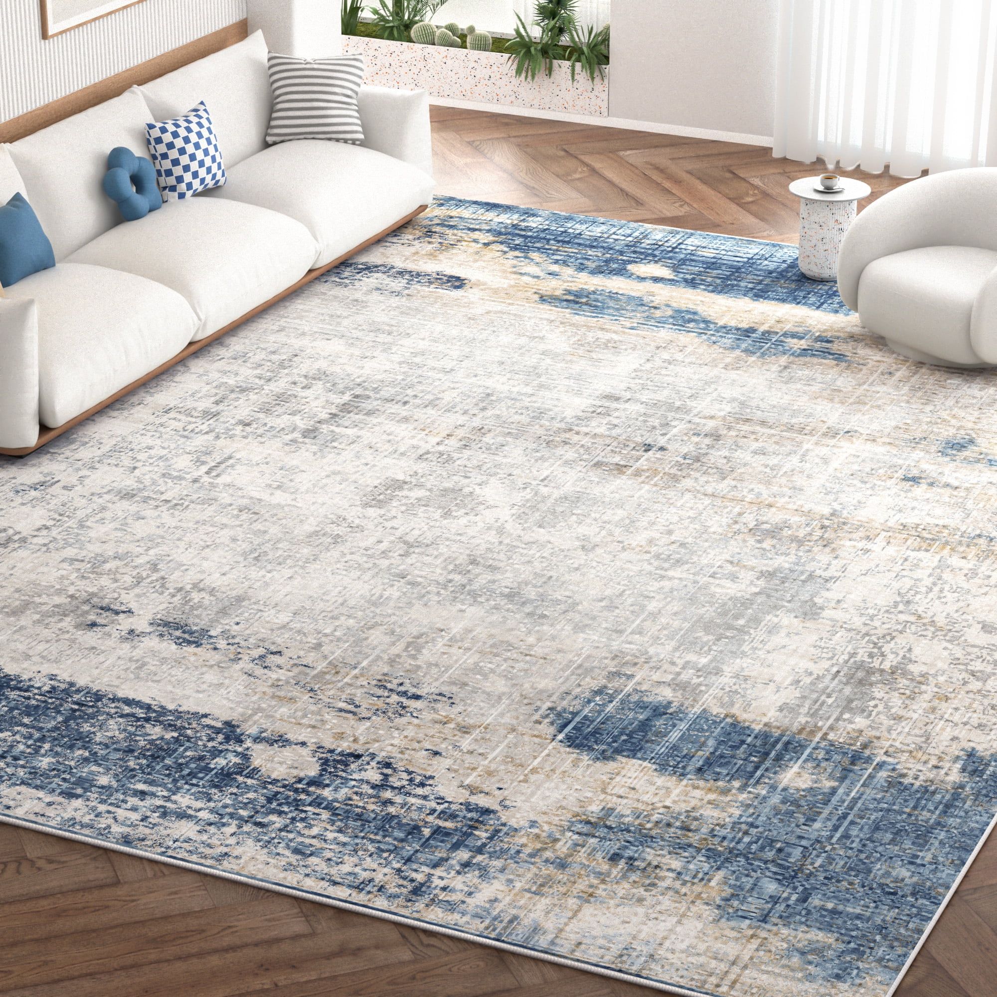 Navy and Yellow Abstract Synthetic 8' x 10' Area Rug