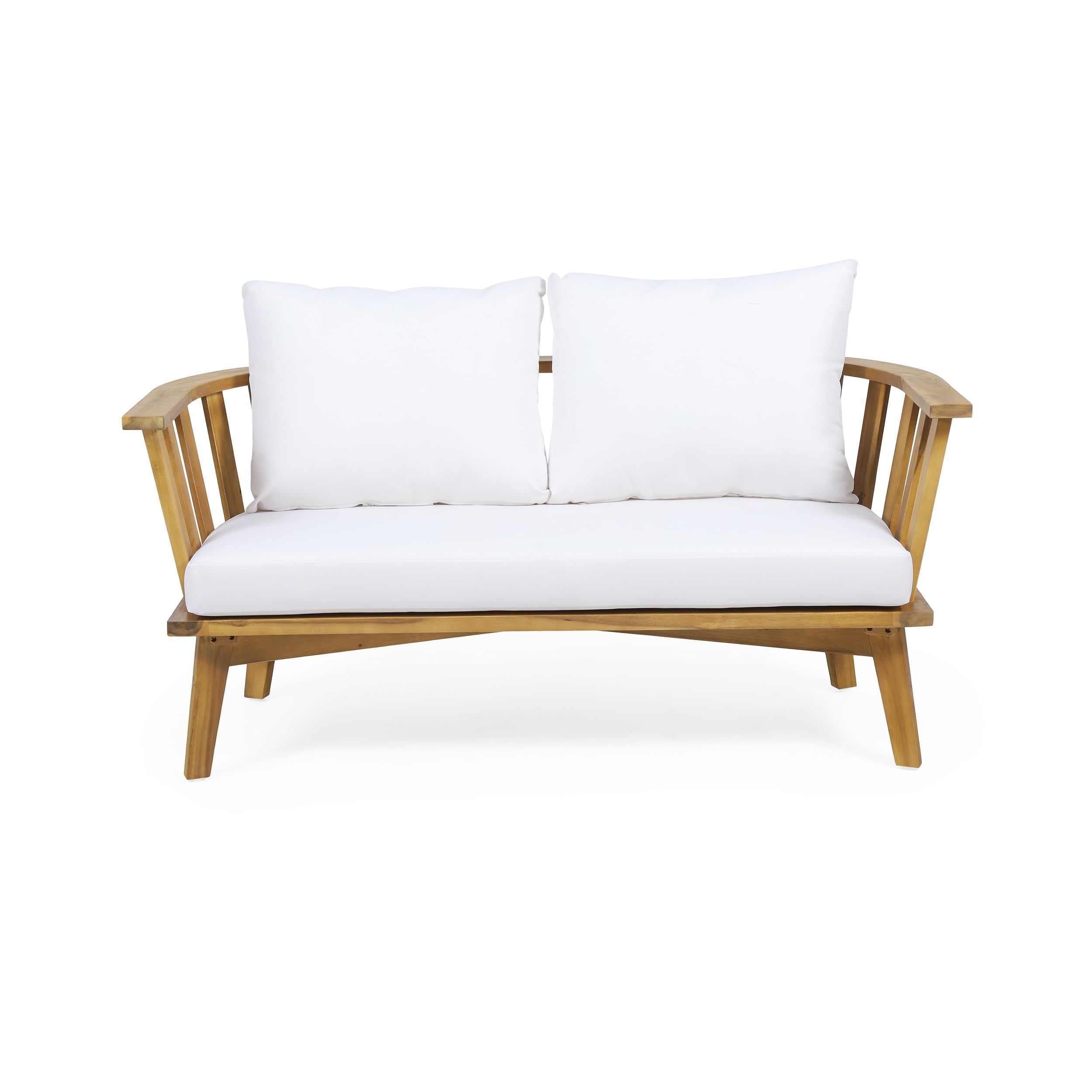 Teak Brown Wood Outdoor Loveseat with White Cushions