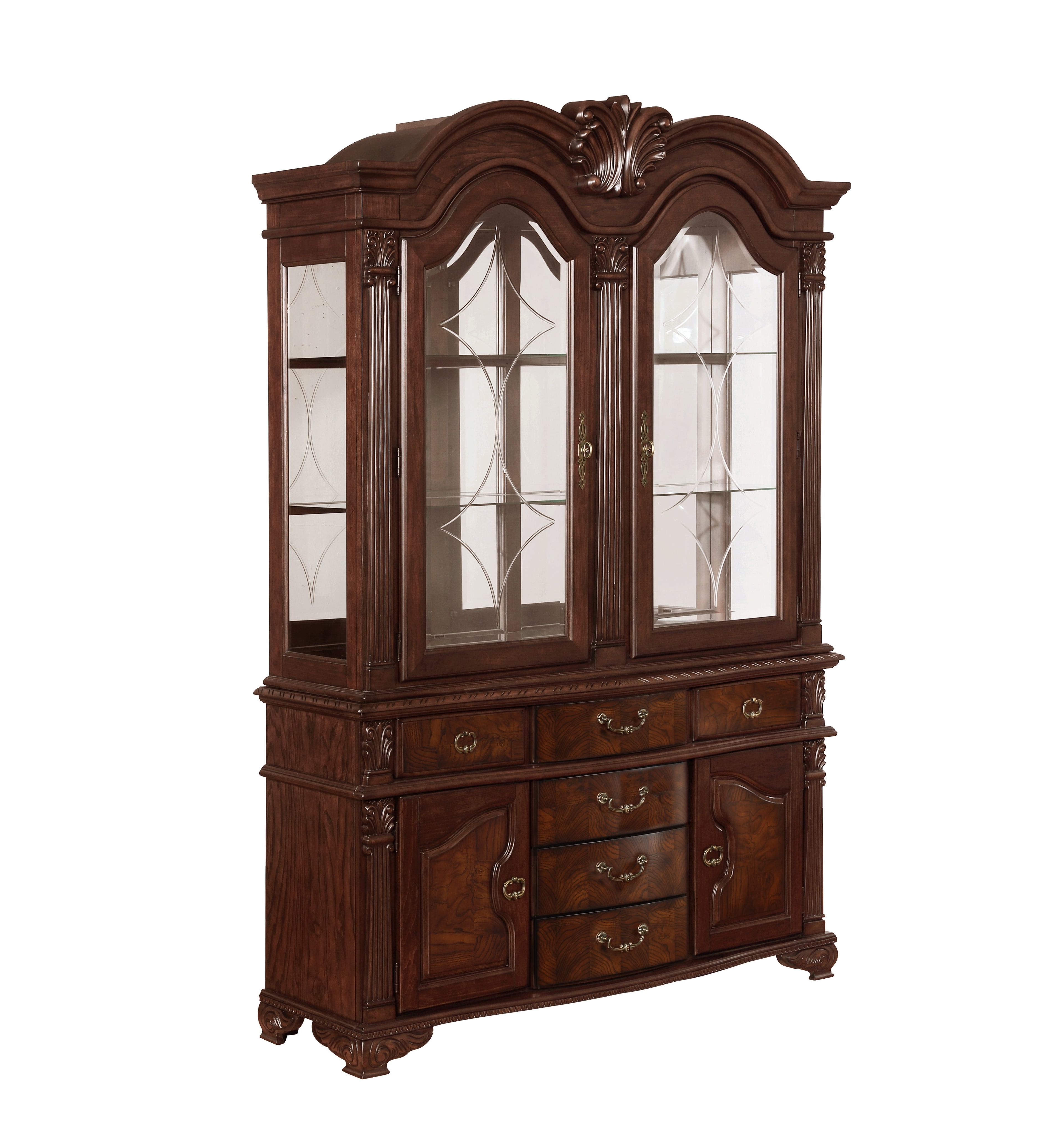 Neo Renaissance Dark Brown Lighted China Cabinet with Hand-Carved Details