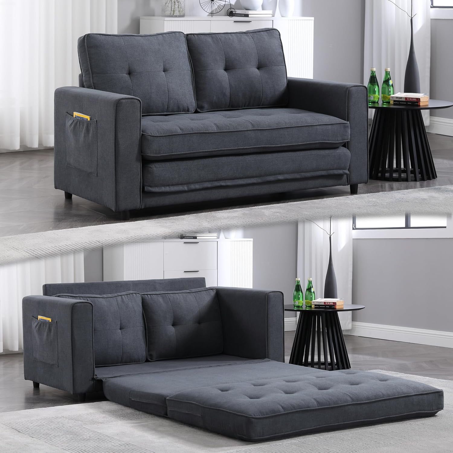 Dark Gray Linen 3-in-1 Convertible Sleeper Loveseat with Storage