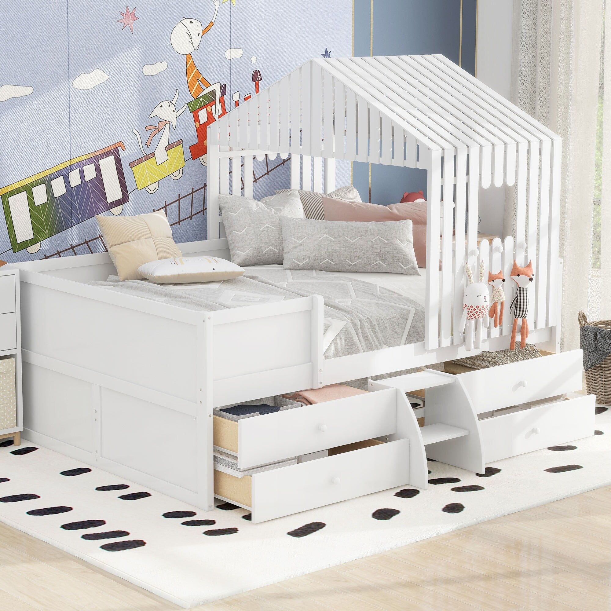 White Full Size House Loft Bed with Pine Frame and Storage Drawers