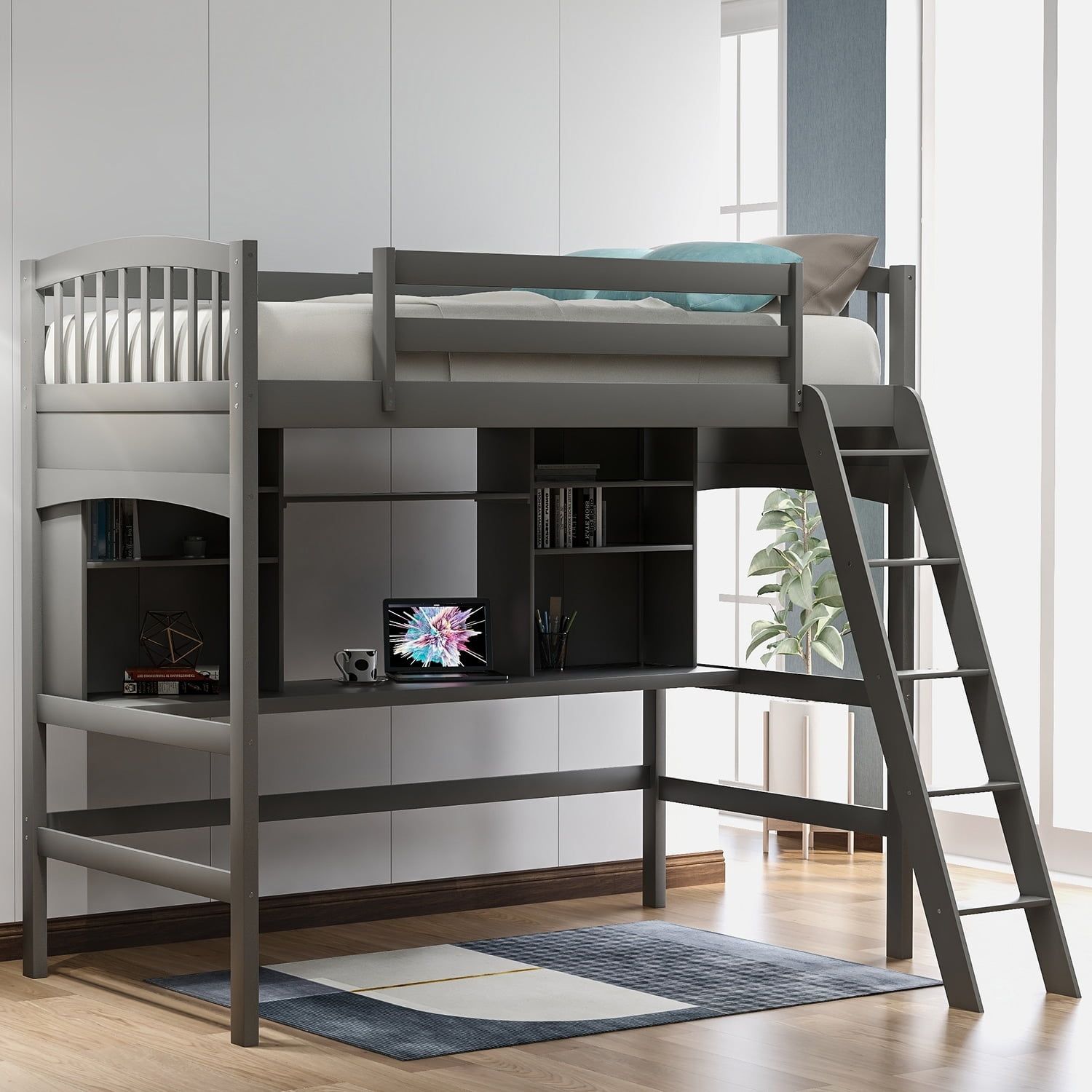 Gray Twin Loft Bed with Storage Shelves, Desk, and Ladder