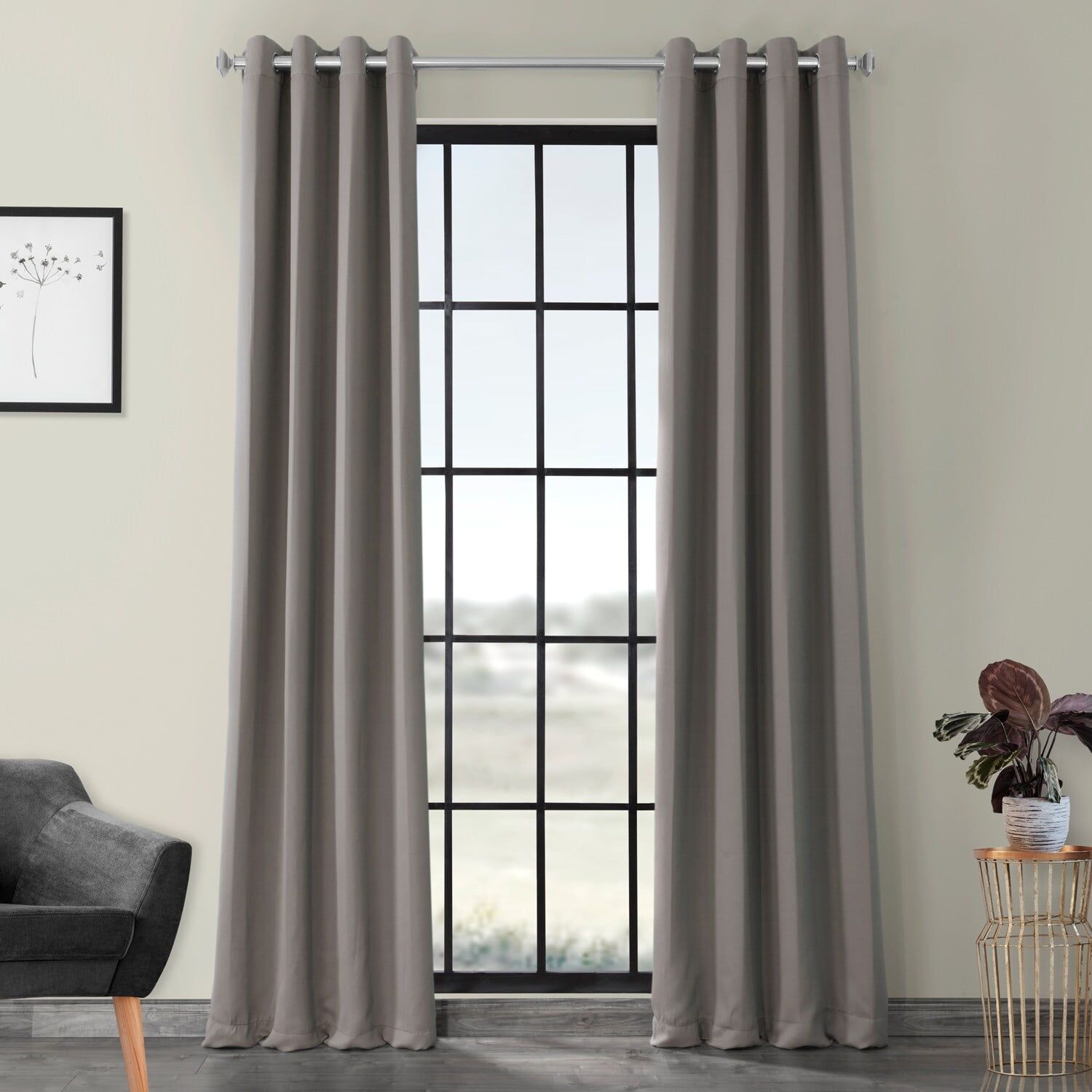 Neutral Grey Grommet Blackout Polyester Puddle Length Curtain