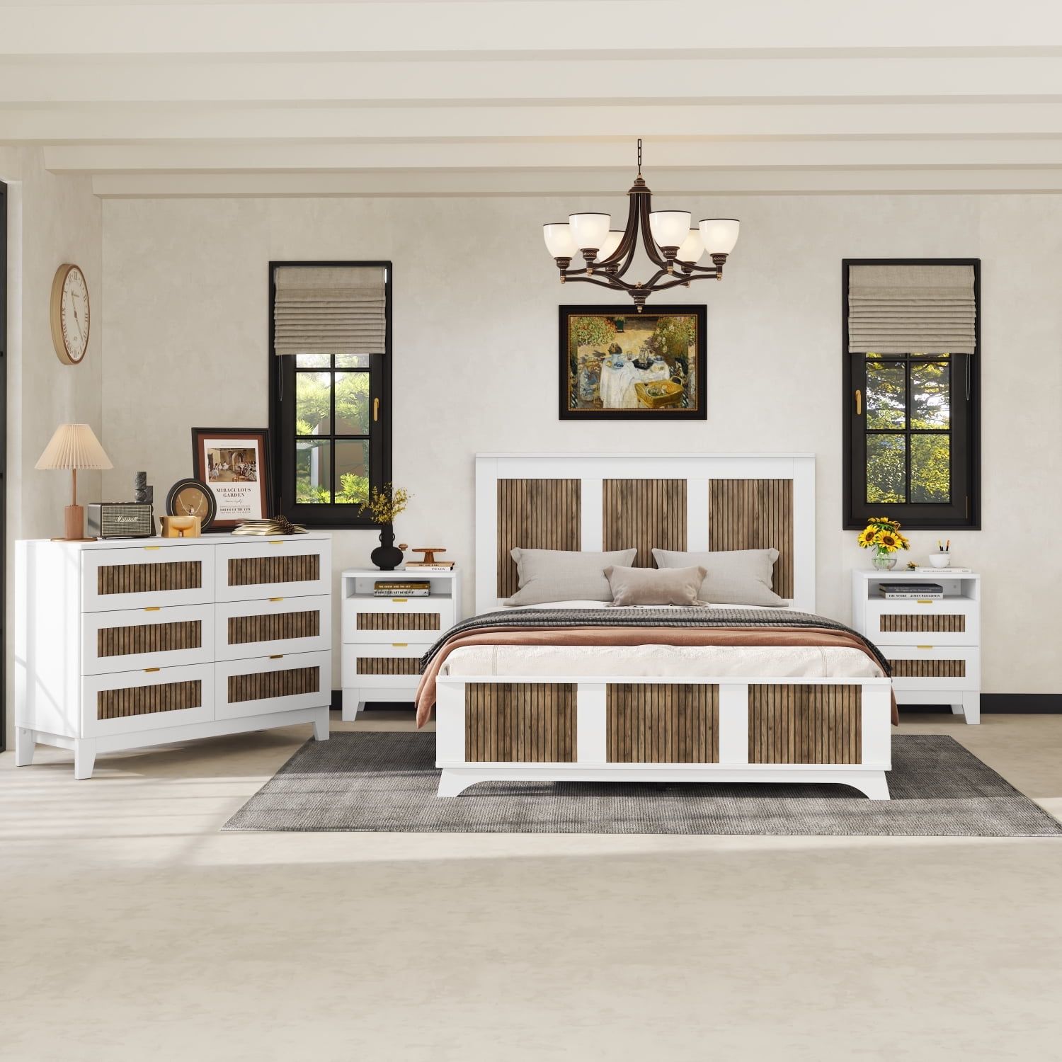 White and Brown Queen Bedroom Set with Wooden Strip Decoration