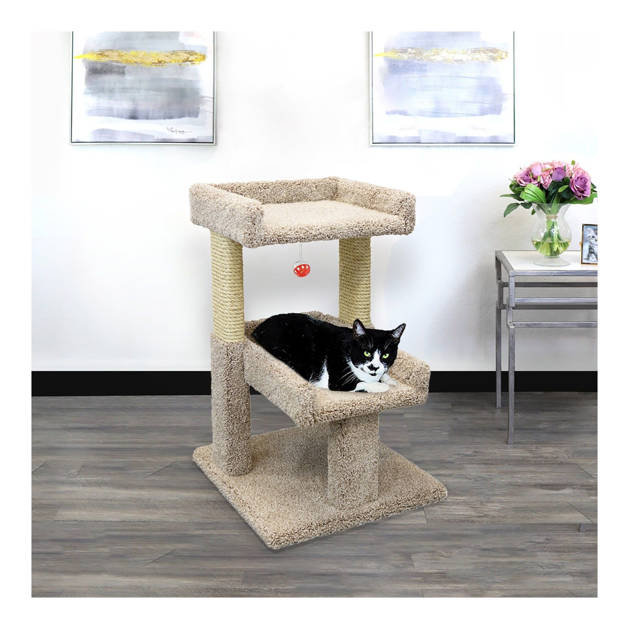 Beige Sisal and Wood 2-Level Cat Tree Perch