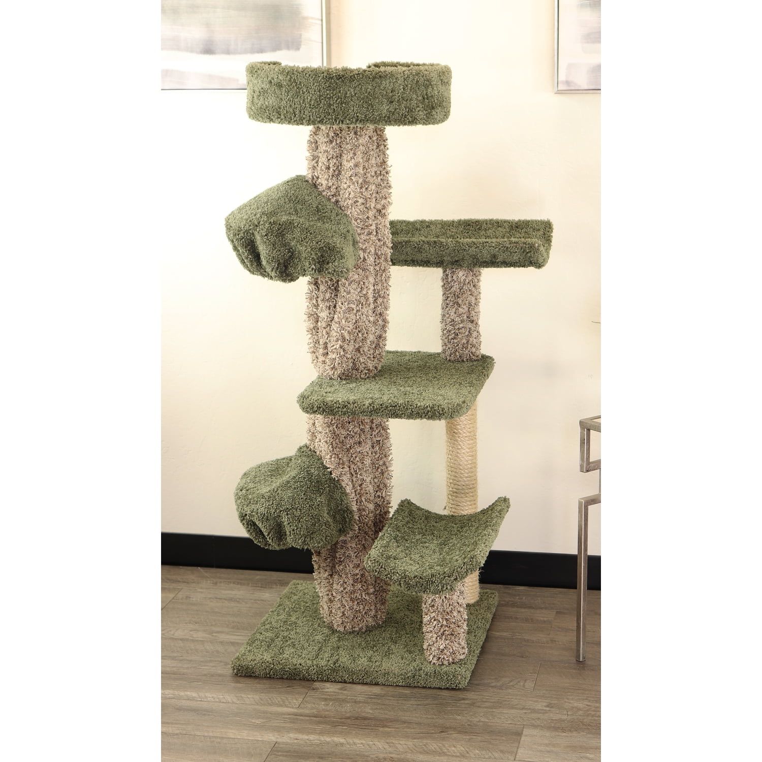 Green and Beige Solid Wood Cat Tree with Sisal Rope