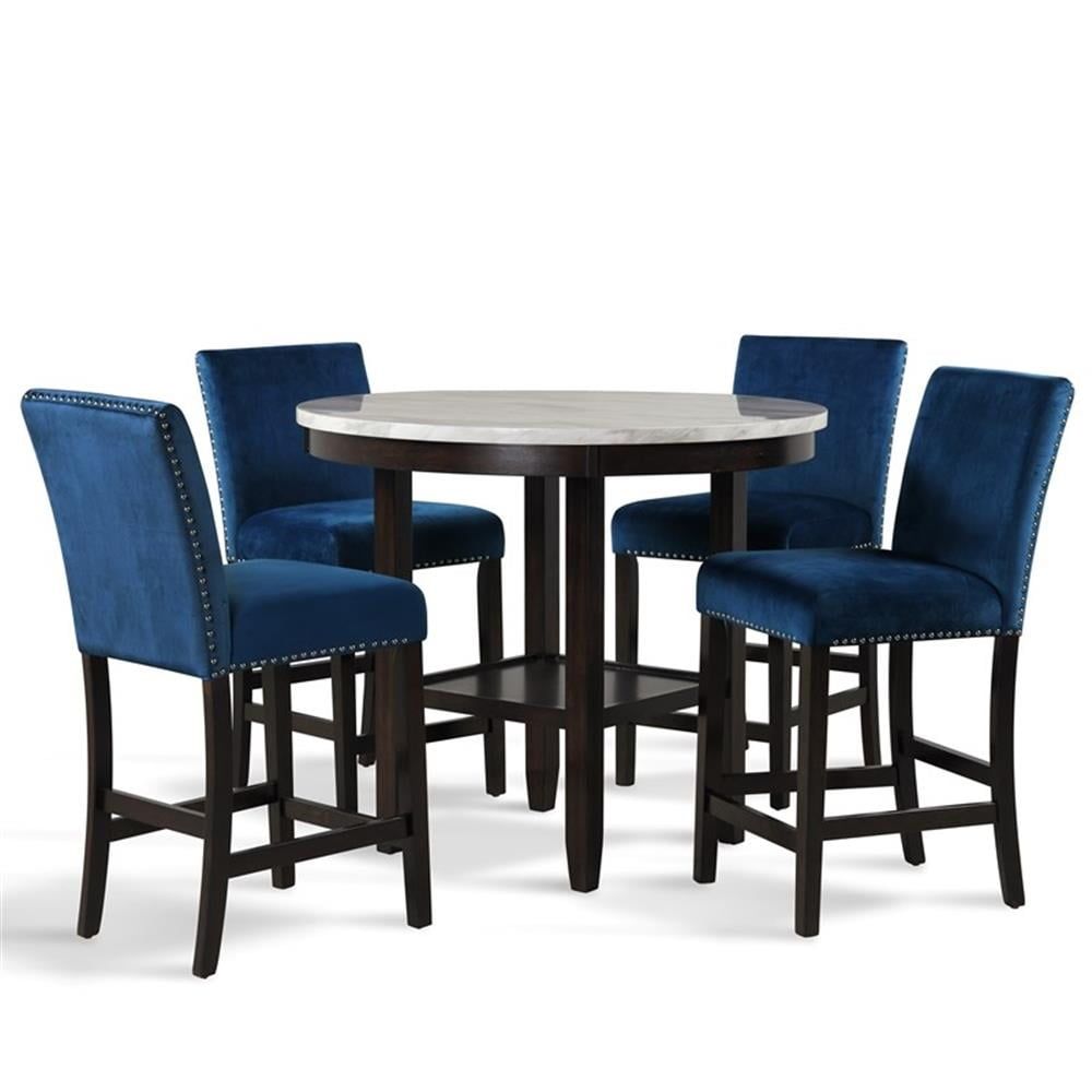 Celeste 5-Piece Blue Velvet and Faux Marble Counter Set