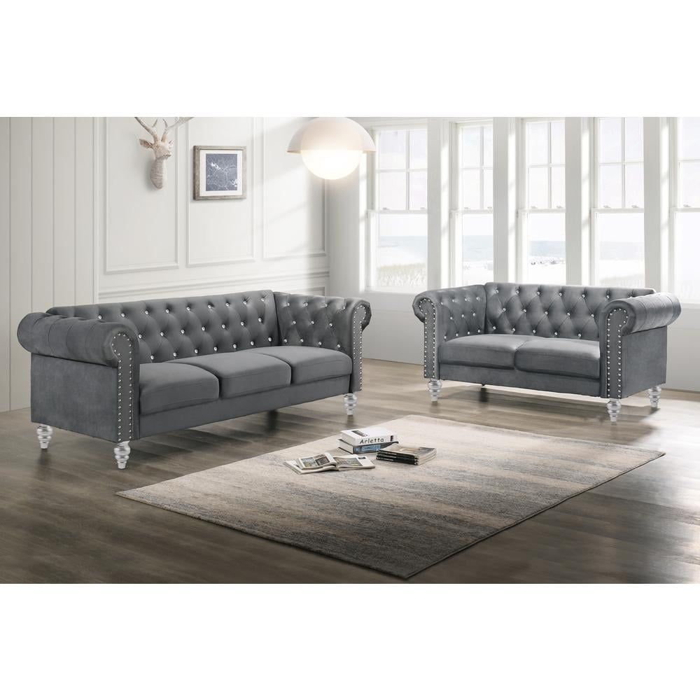 Emma Gray Velvet Chesterfield Loveseat and Sofa Set with Crystal Buttons