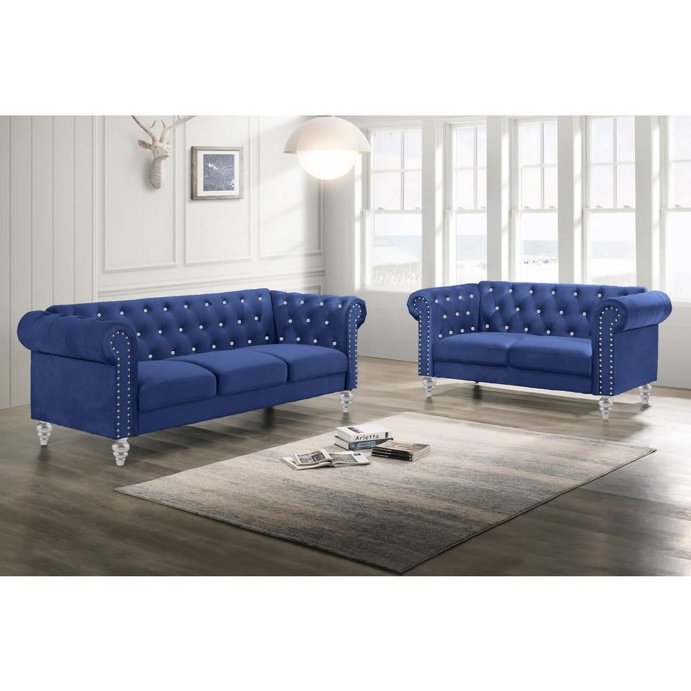 Emma Royal Blue Velvet Loveseat and Sofa Set with Crystal Buttons