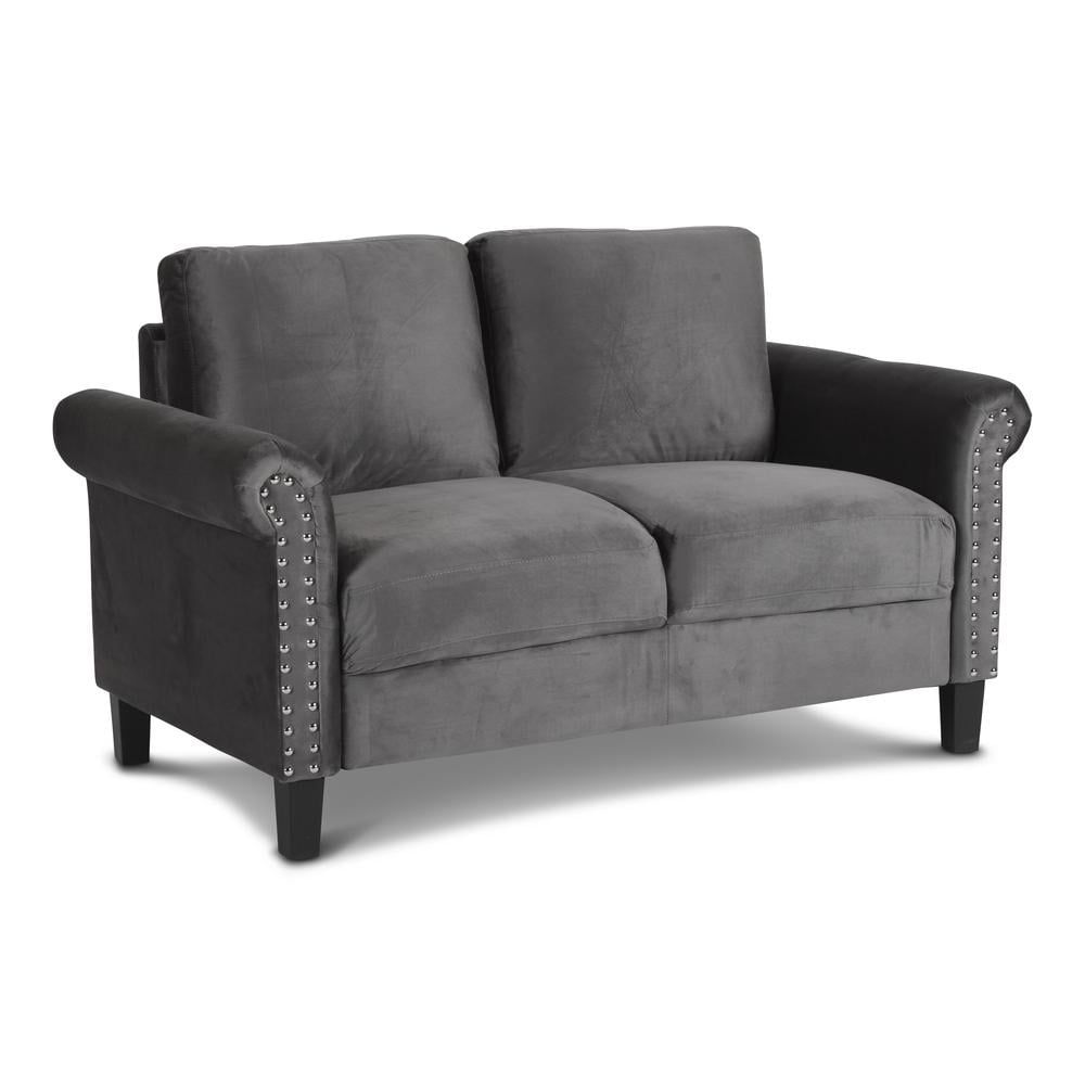 Gray Velvet Loveseat with Nailhead Trim and Rolled Arms