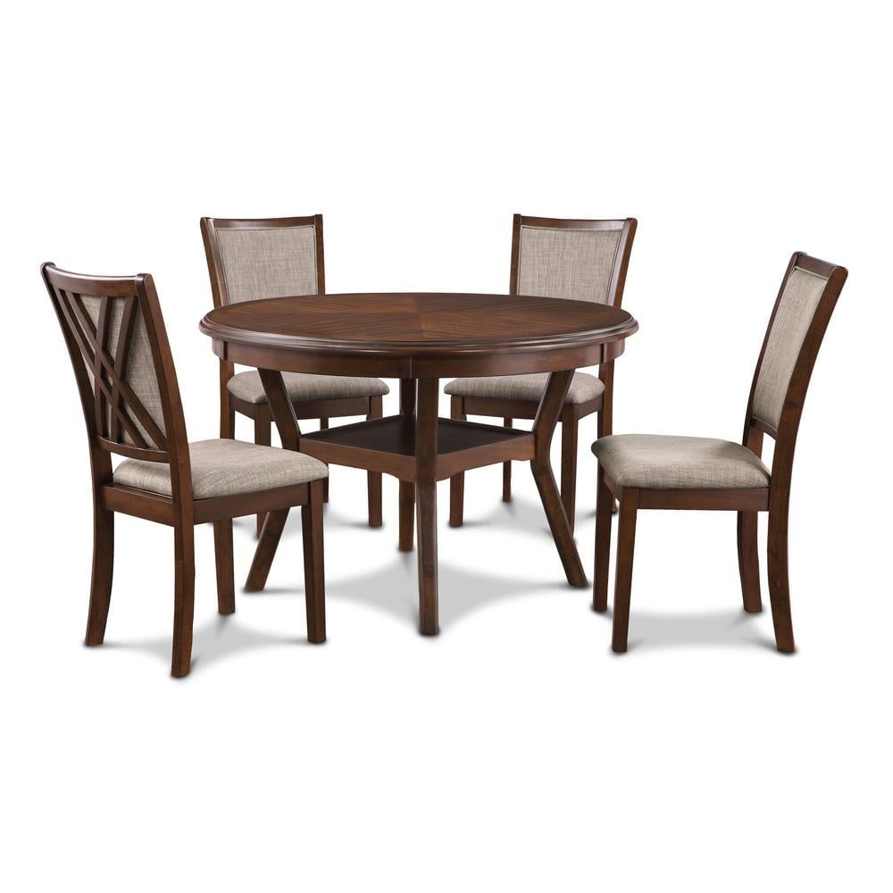 Cherry Wood Round Dining Table Set with Gray Upholstered Chairs