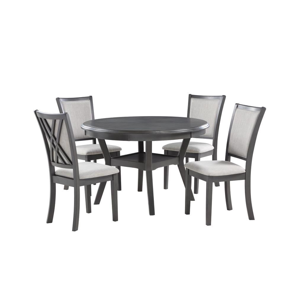 Gray Round Wood Dining Table with 4 Upholstered Chairs