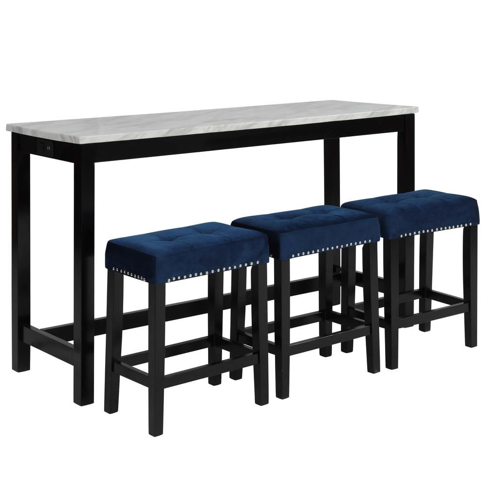 Elegant 60'' Black Transitional 4-Piece Pub Set with Faux Marble Top