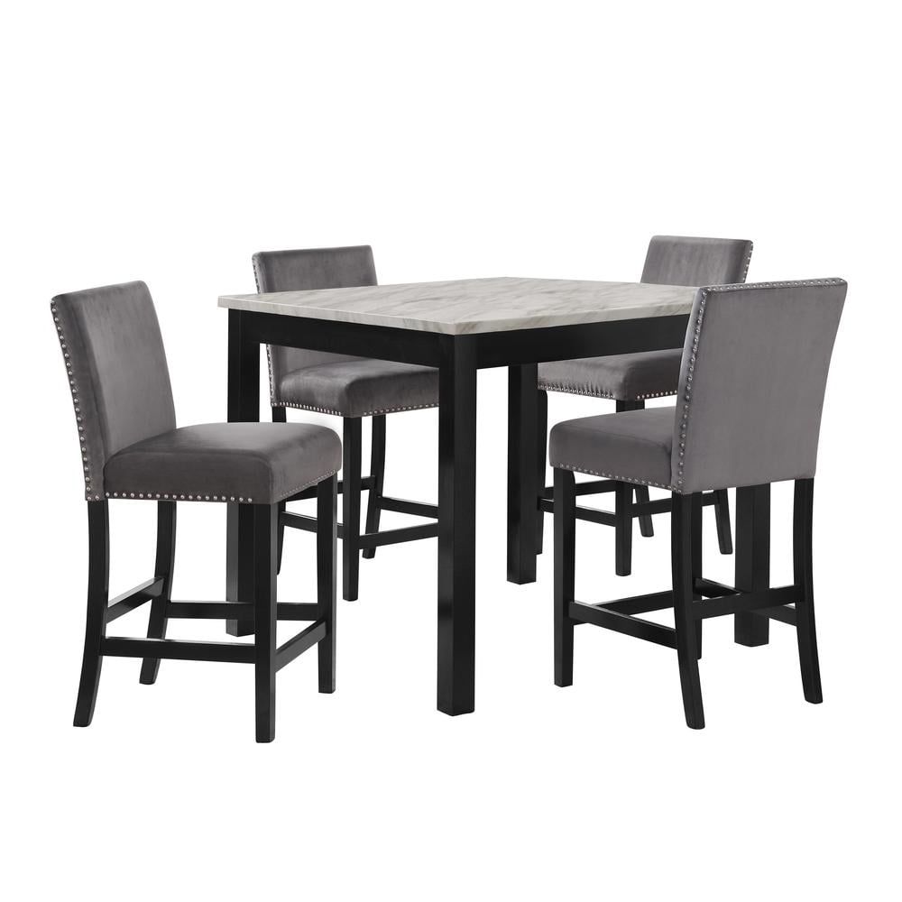 Celeste 5-Piece Gray Faux Marble Counter Dining Set with Velvet Chairs