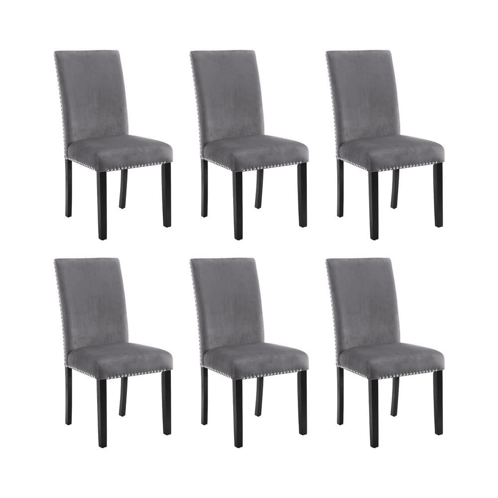 Celeste Gray Velvet Upholstered Dining Chairs with Espresso Wood Legs, Set of 6