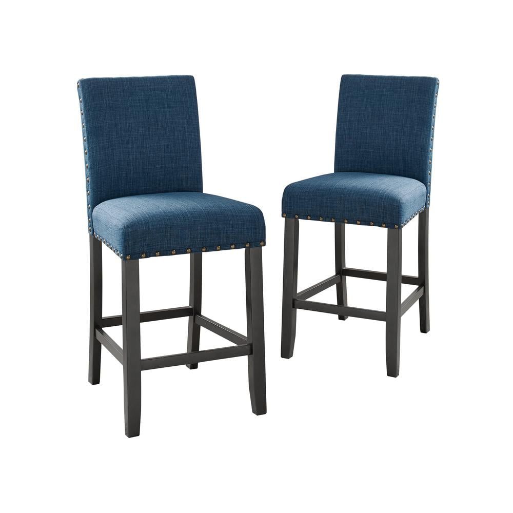 Marine Blue Upholstered Counter Stools with Nailhead Trim, Set of 2