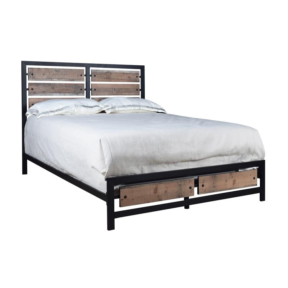 Rustic Brown Metal Frame Queen Bed with Wood Headboard and Drawer