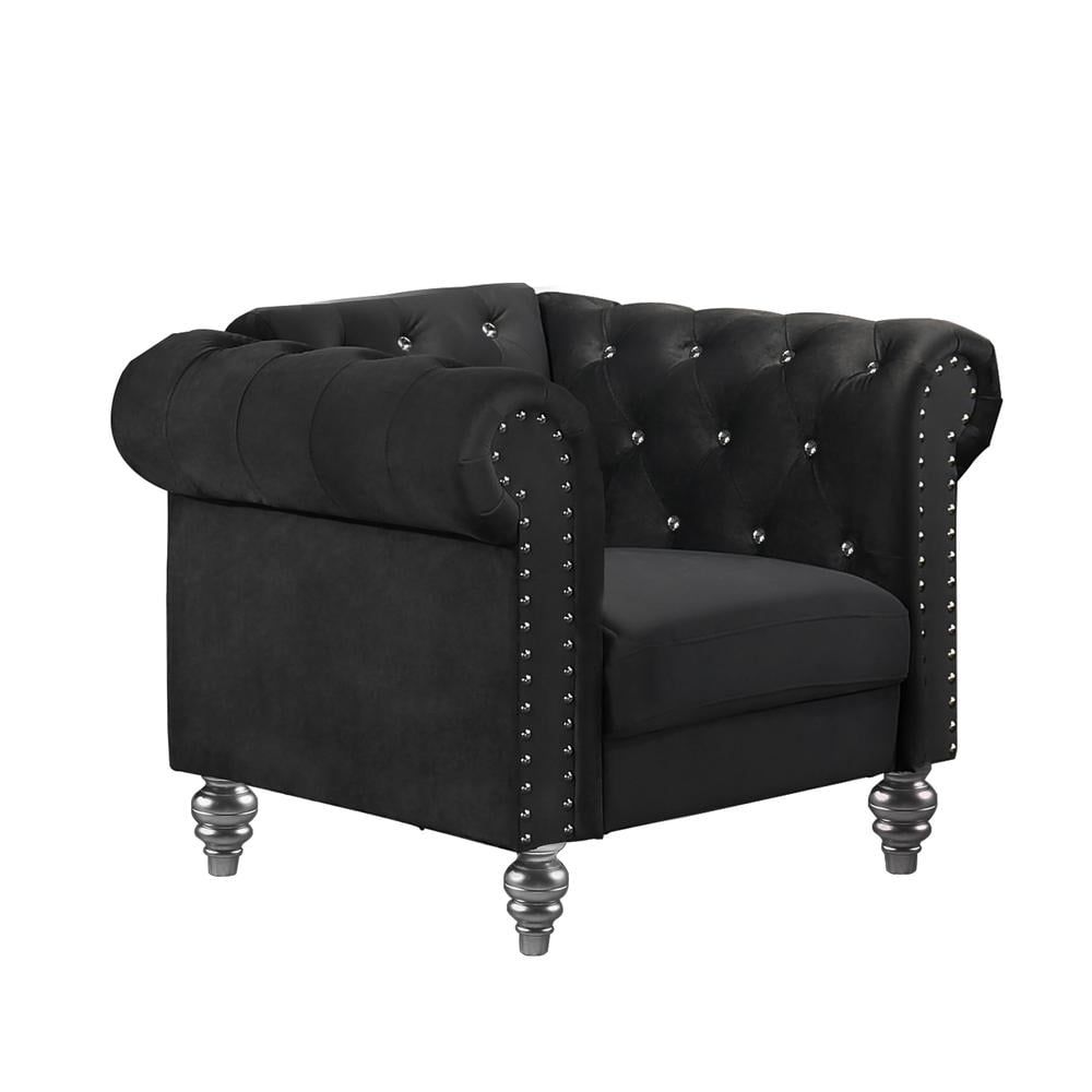 Emma Black Velvet Crystal Button Tufted Accent Chair