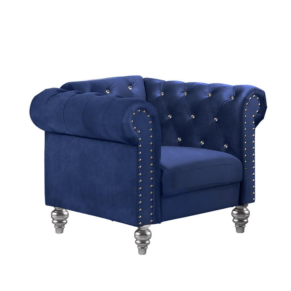 Royal Blue Velvet Tufted Accent Chair with Crystal Buttons