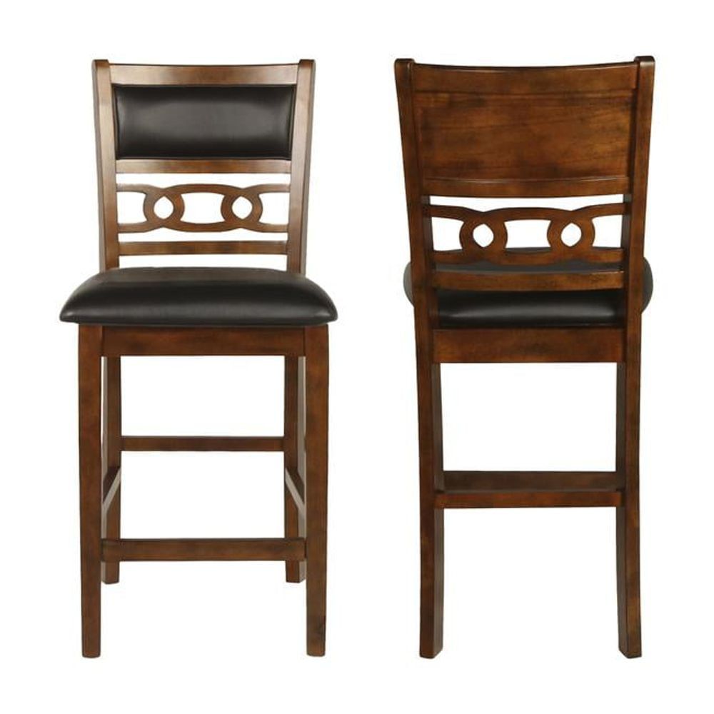 Gia Brown Wood Counter Stools with Black Faux Leather Upholstery