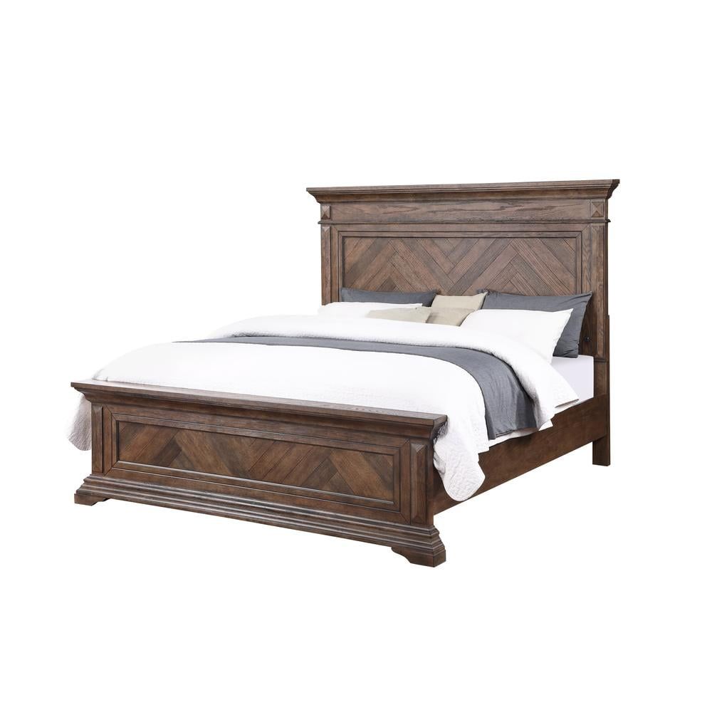 Walnut King Solid Wood Panel Bed with Headboard