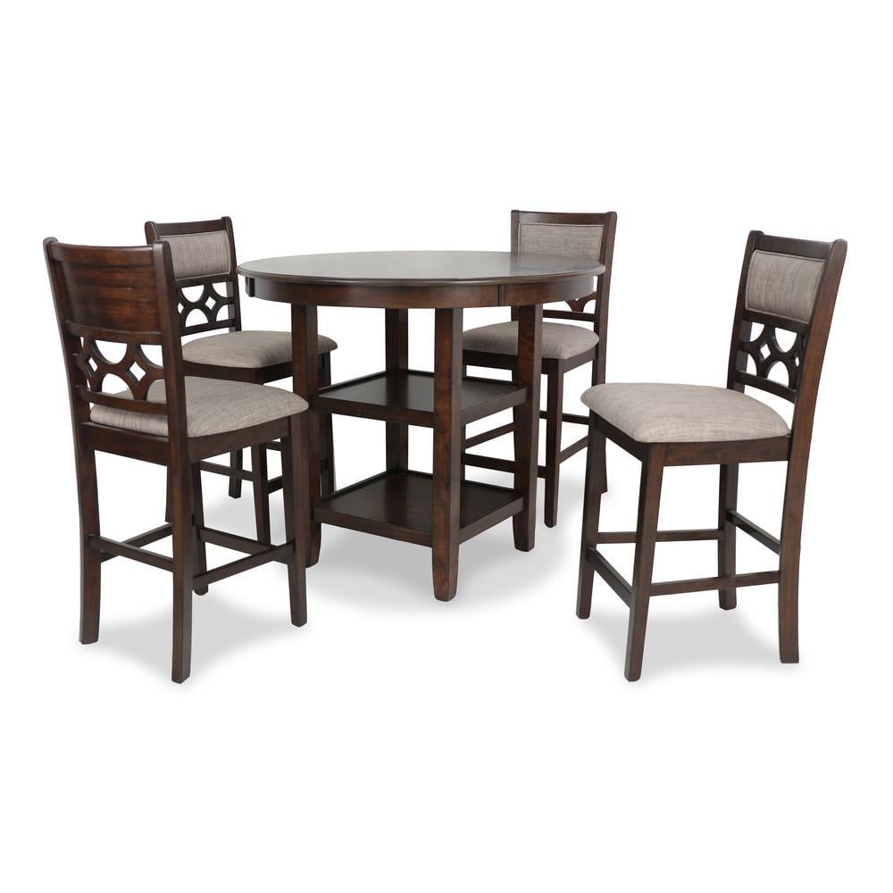 Cherry Brown Round Wood Counter Set with 4 Chairs